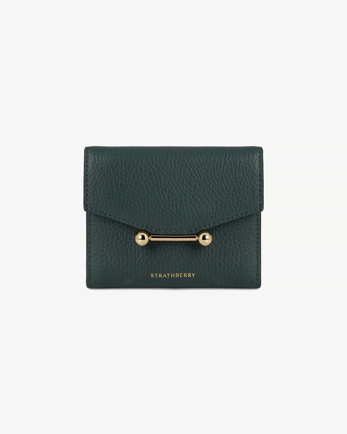 Bottle green mosaic trifold wallet with gold bar closure and Strathberry logo.