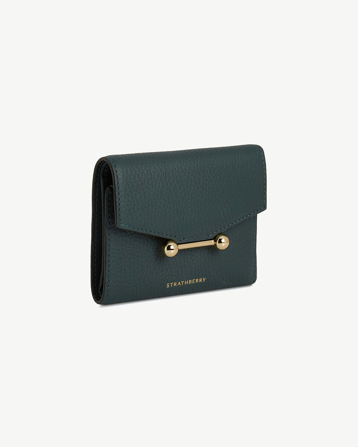 Bottle green trifold leather wallet with gold bar hardware and Strathberry logo.
