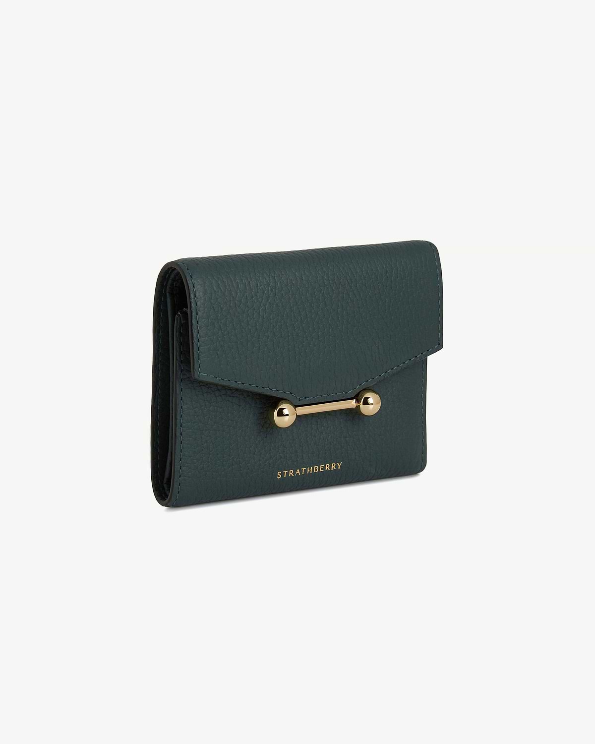 Bottle green trifold leather wallet with gold bar hardware and Strathberry logo.