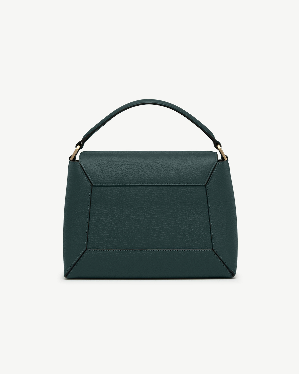 Bottle green mosaic bag with top handle, geometric stitched panels and gold hardware.