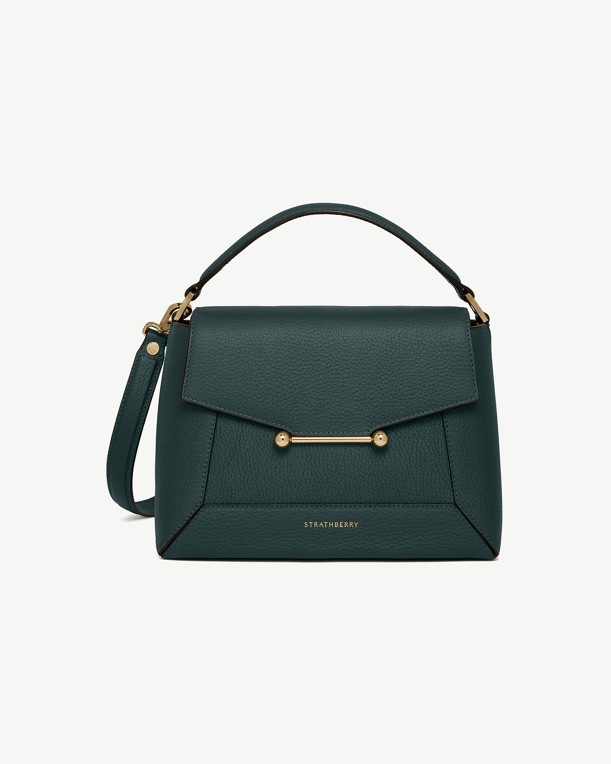 Bottle green Strathberry mosaic bag with top handle and gold bar detail