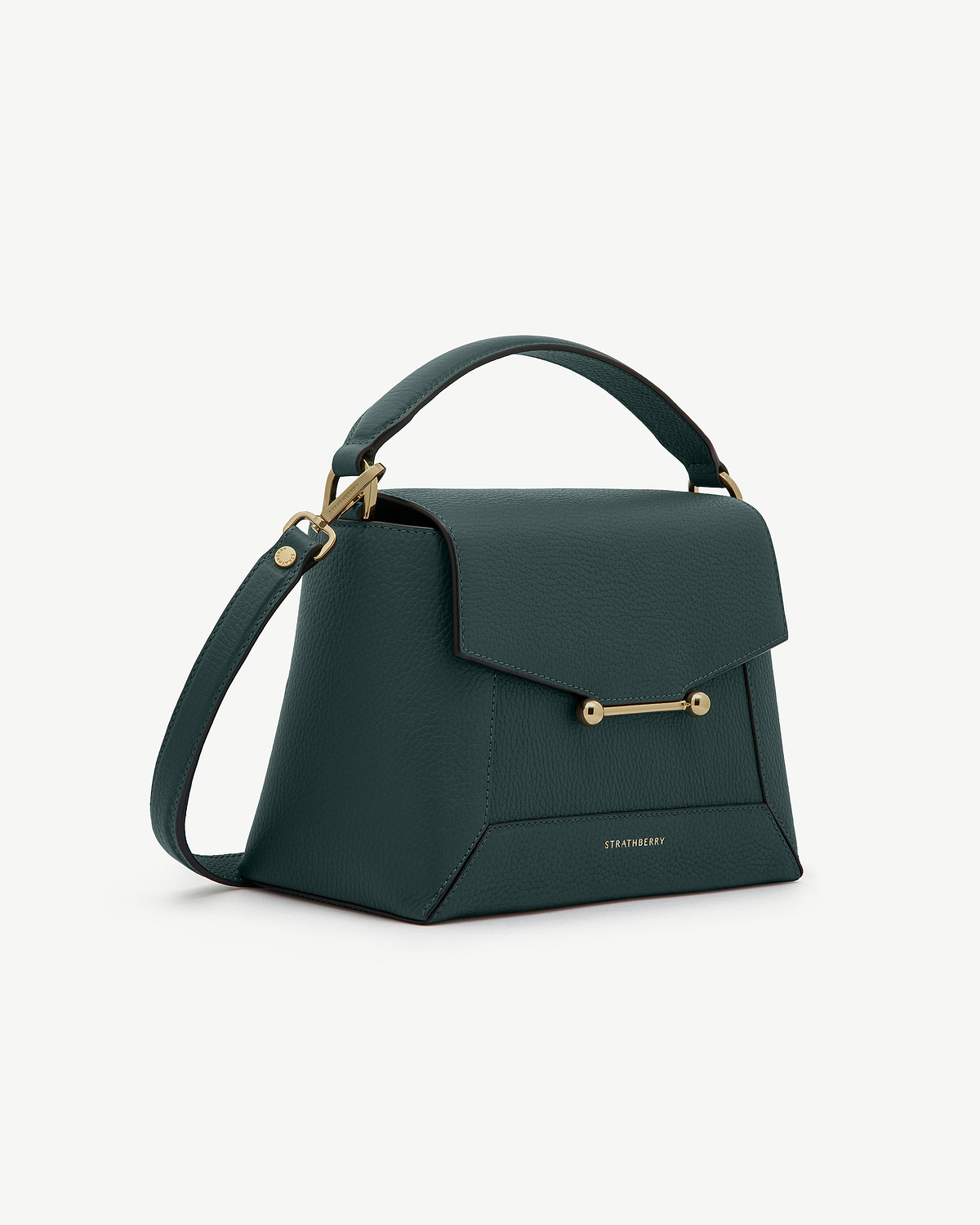 Bottle green Strathberry Mosaic bag with top handle and shoulder strap.