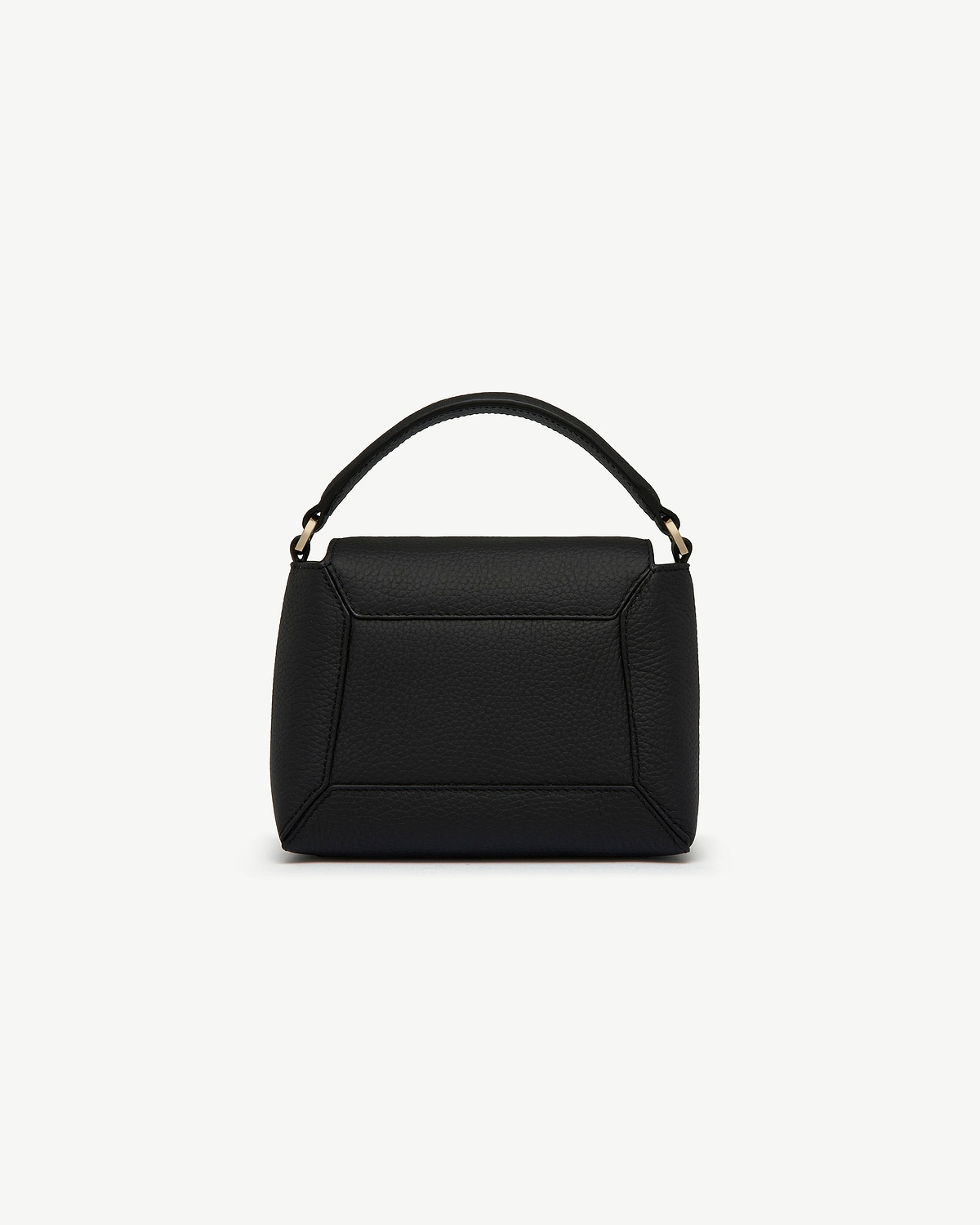 Small black leather top-handle bag with geometric panel stitching on white background.