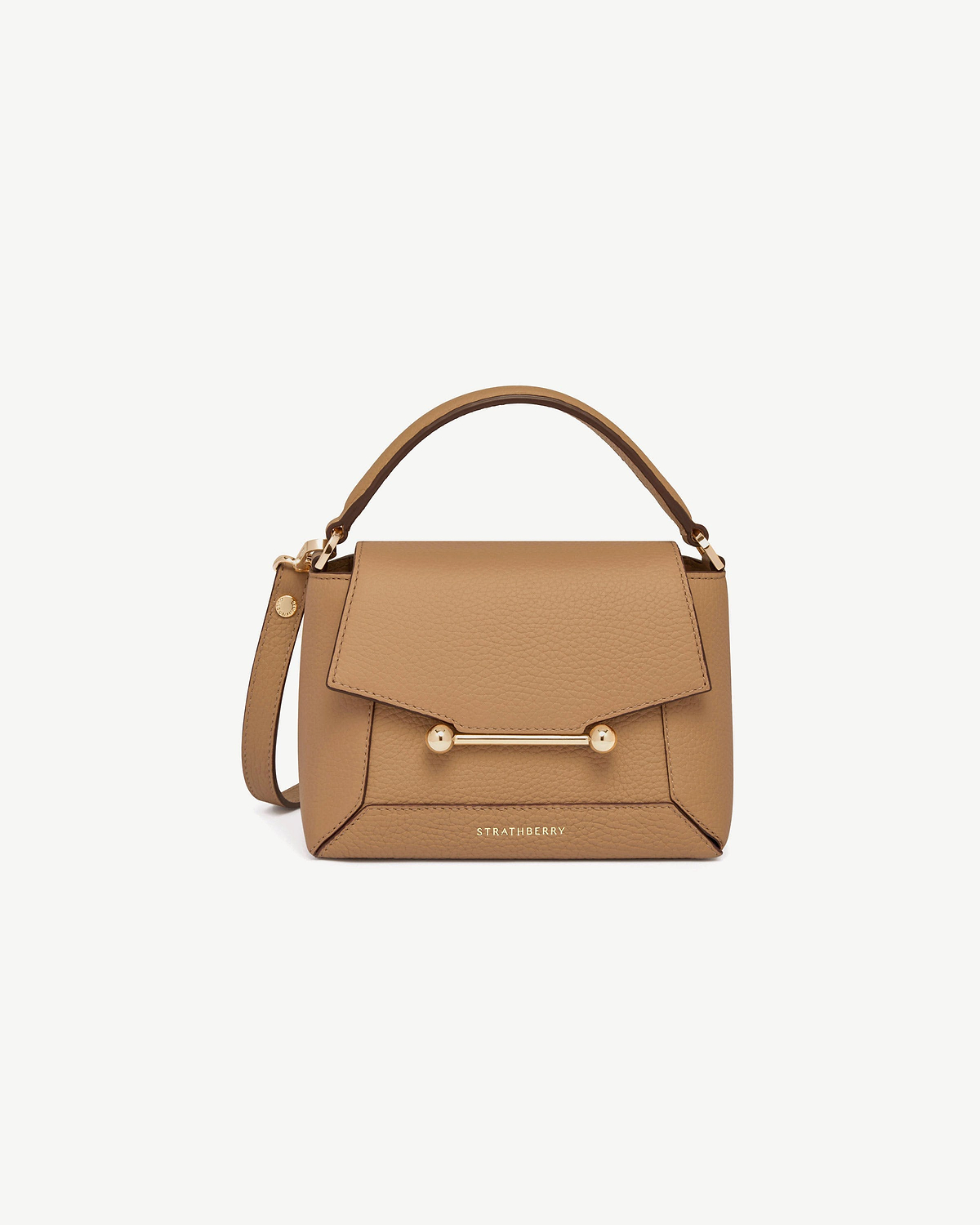 Strathberry Mosaic Nano caramel leather bag with top handle and gold bar.