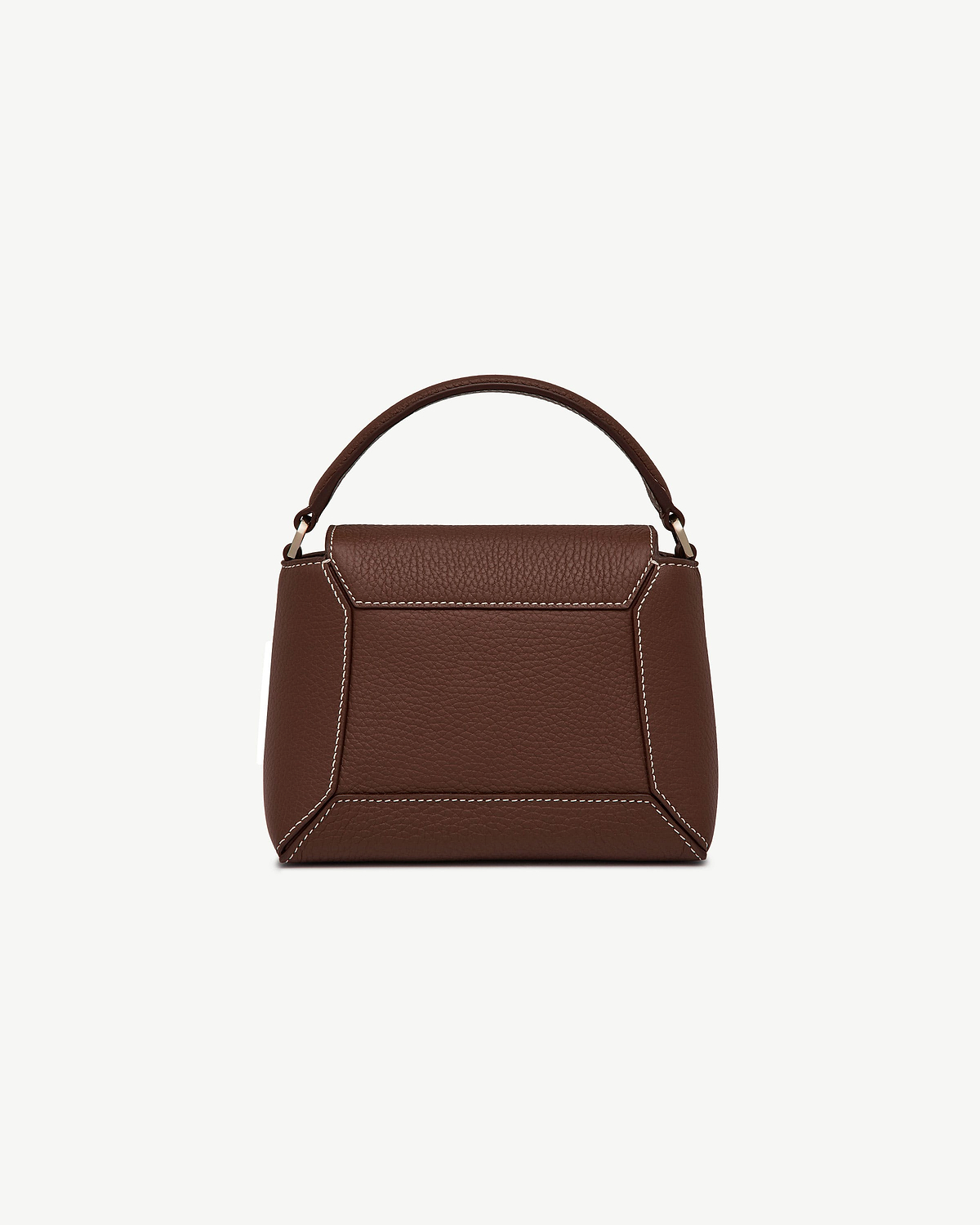 Small top-handle Mosaic Nano bag in chocolate pebbled leather with vanilla contrast stitching.