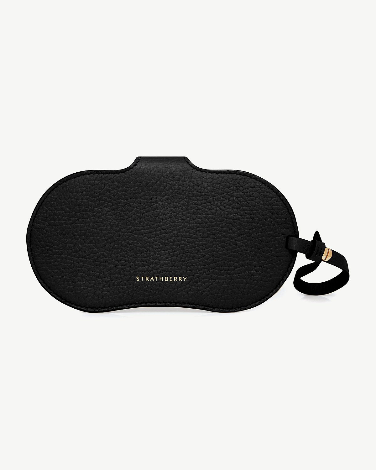 Black Multrees sunglasses case with gold Strathberry logo and leather wrist strap.