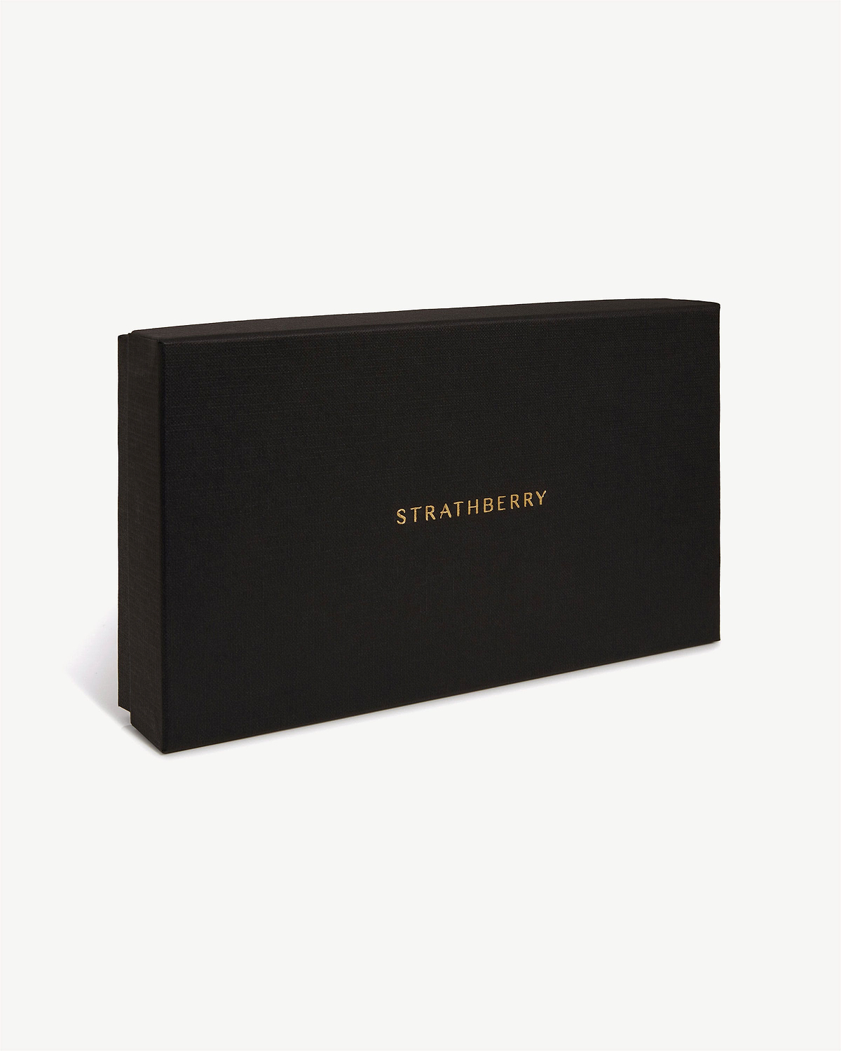 Black rectangular Strathberry box with gold logo, angled on white background.