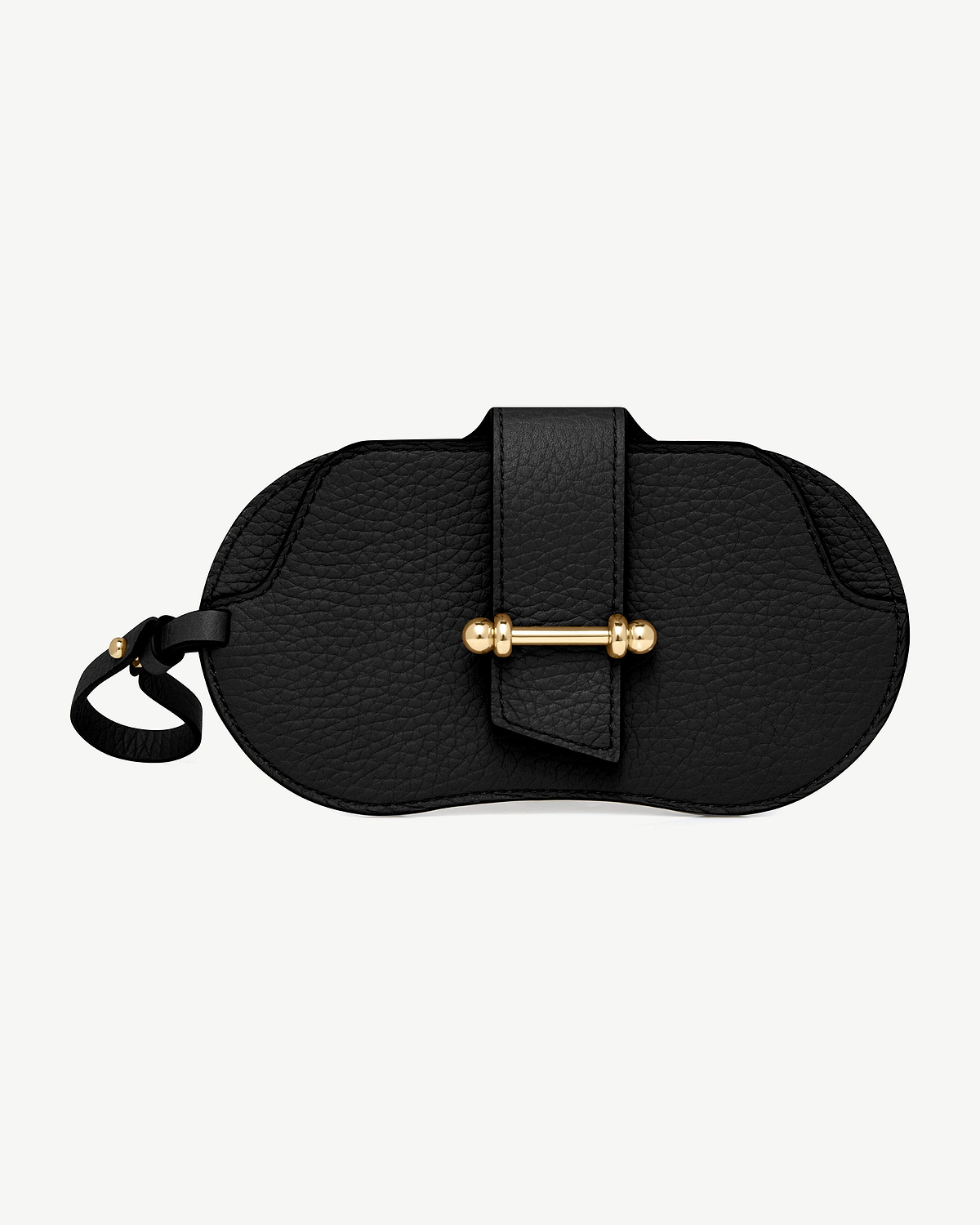 Black pebbled leather sunglasses case with gold bar clasp and strap.