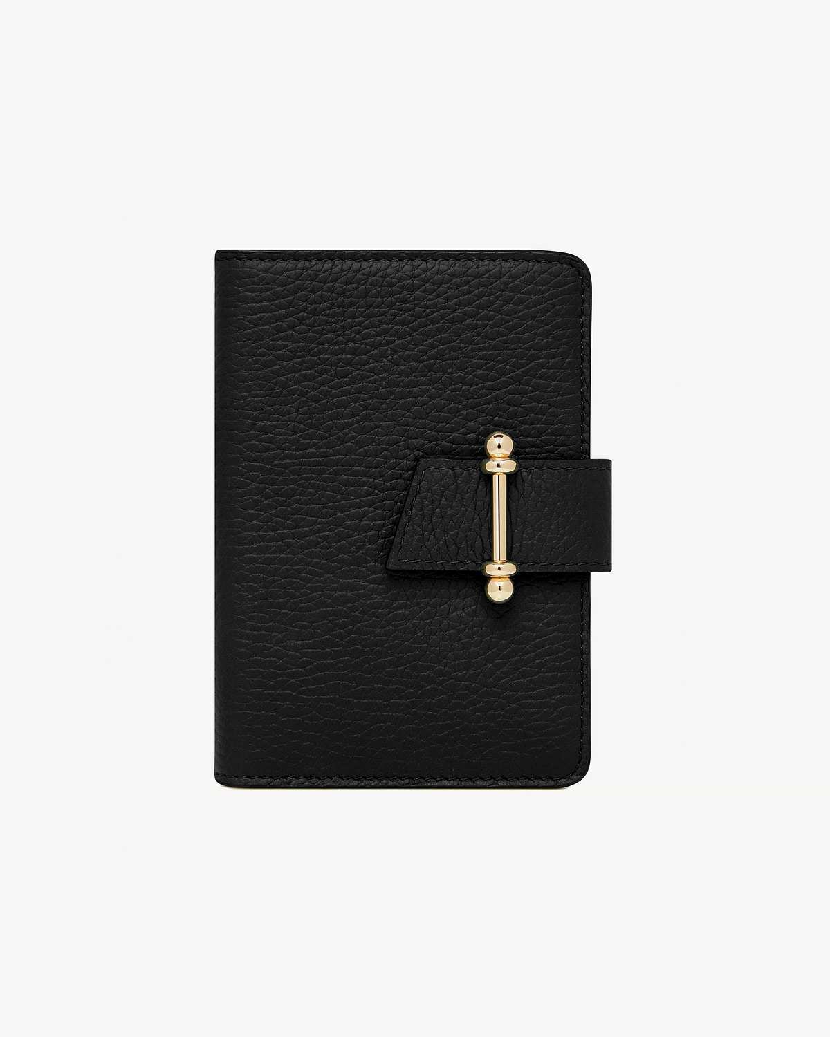 Black leather passport holder with gold bar clasp and textured finish.