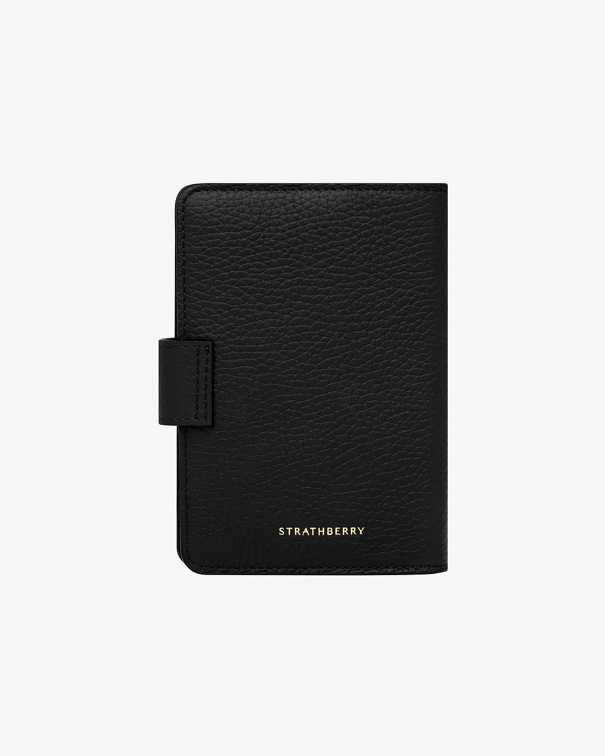 Black textured leather passport holder with tab closure and gold Strathberry logo