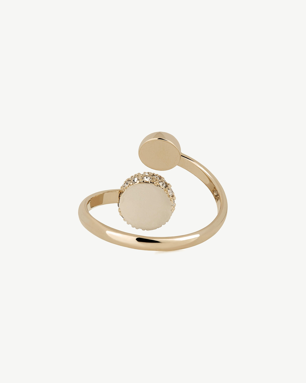 22 carat gold gilded crescent crystal ring with open band and round discs