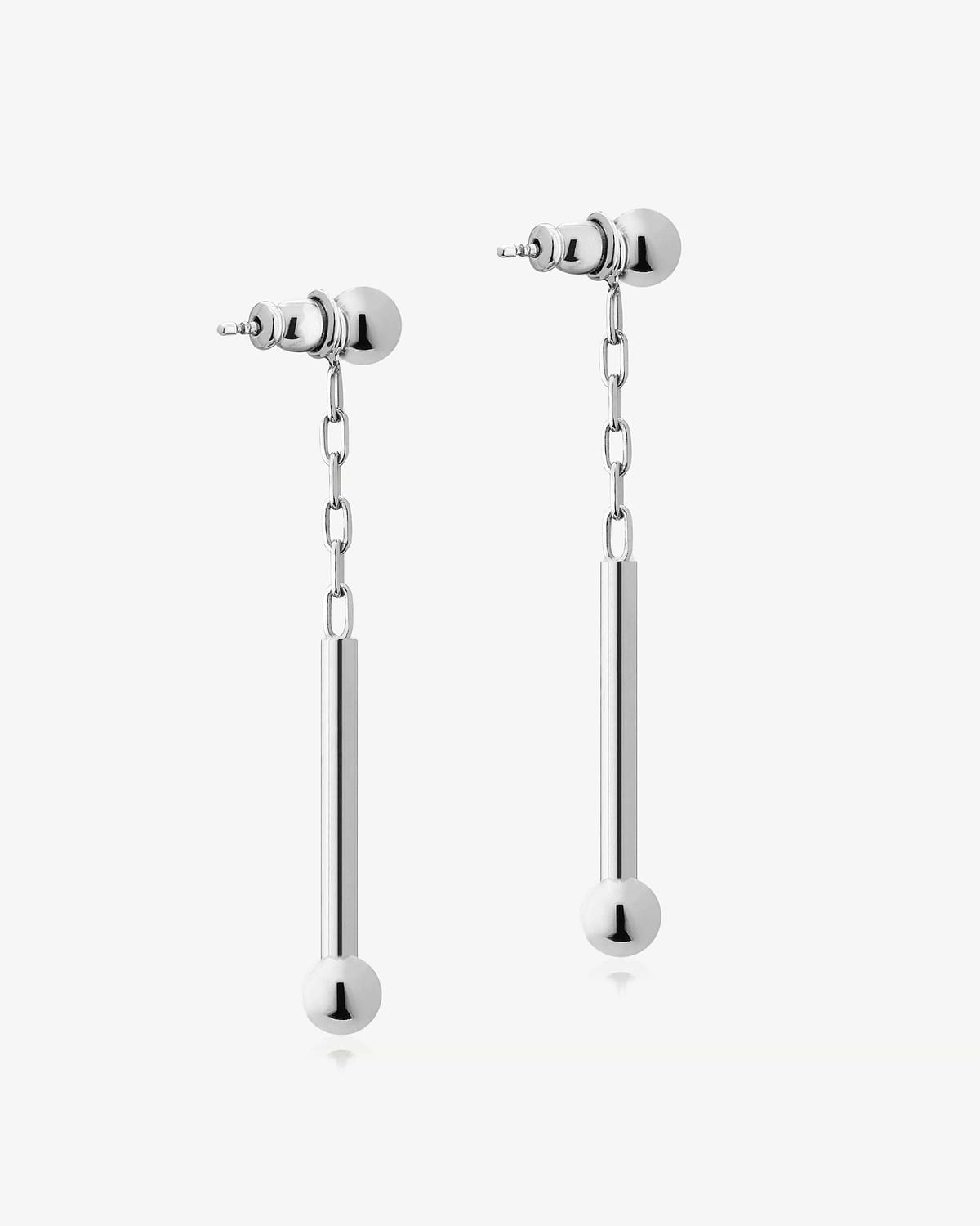 Pair of silver drop earrings with thin chain and ball-ended bars