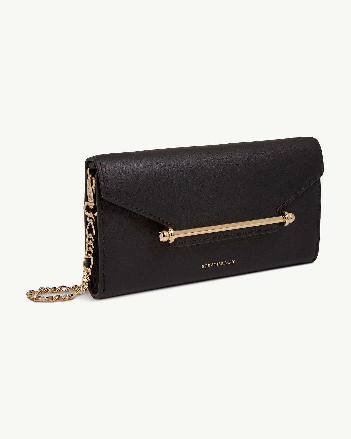 Black Strathberry Multrees chain wallet with gold bar detail and chain strap.