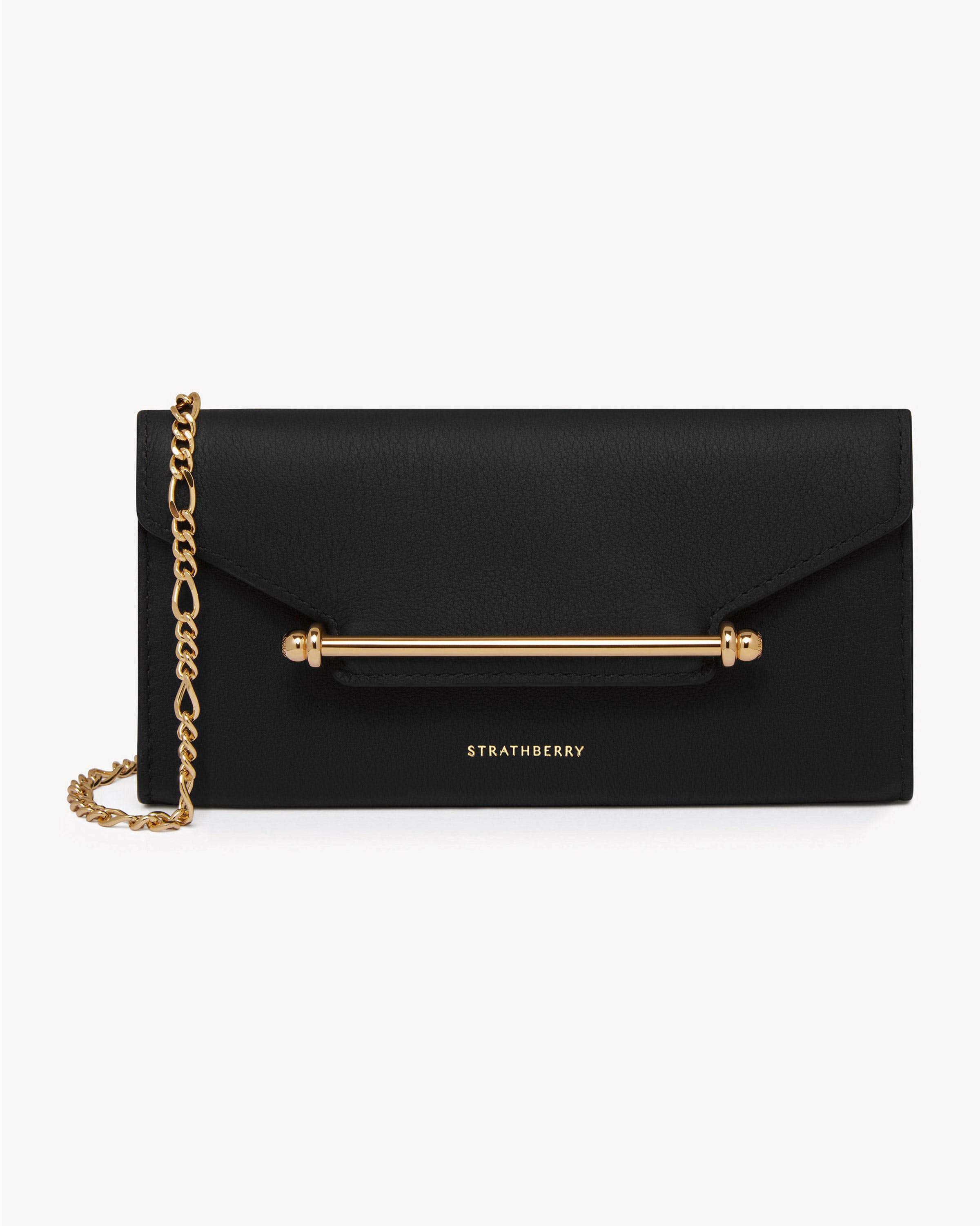 Black Multrees chain wallet with gold bar detail, chain strap and Strathberry logo.