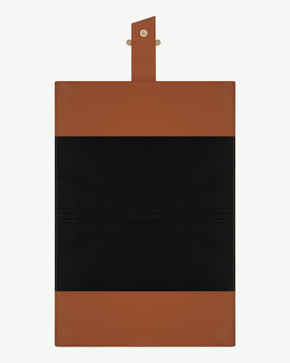 Open tan leather notebook cover with black interior and gold snap fastening