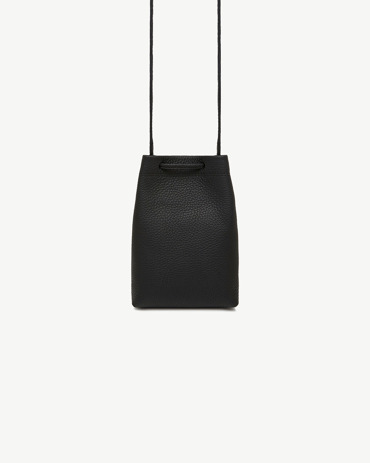 Black pebbled leather midi pouch with narrow shoulder strap and top handle detail