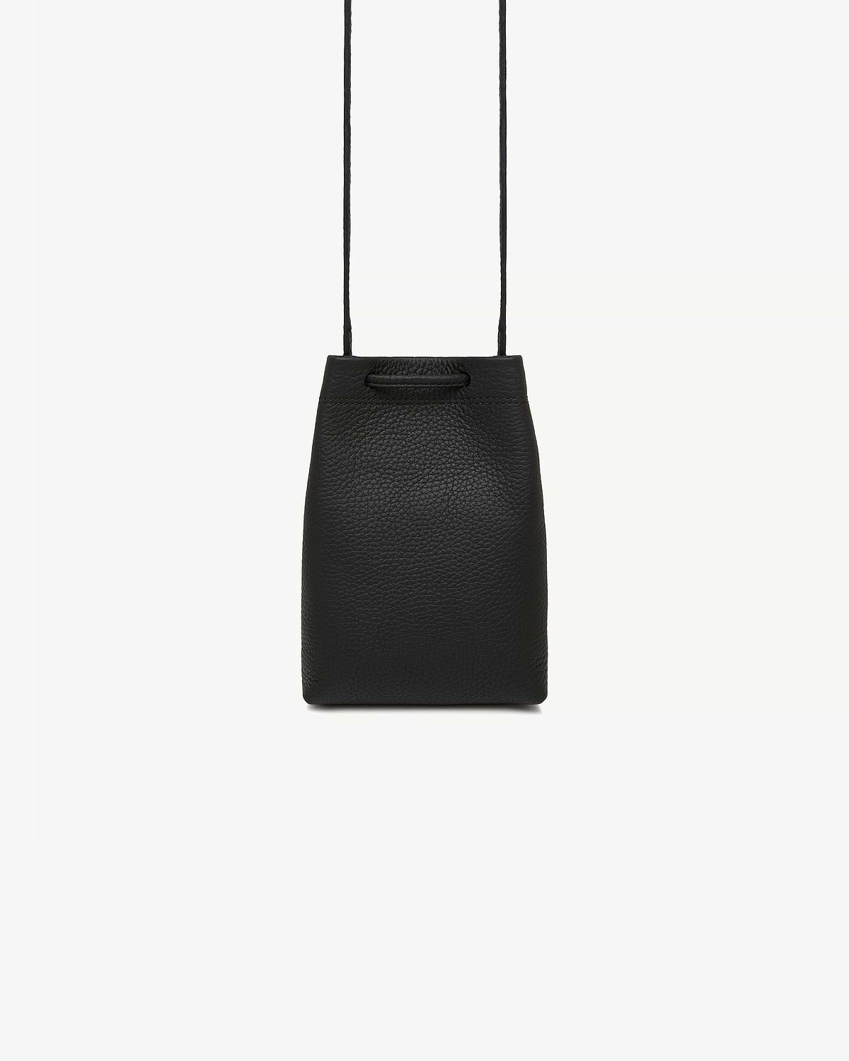 Black pebbled leather midi pouch with narrow shoulder strap and top handle detail
