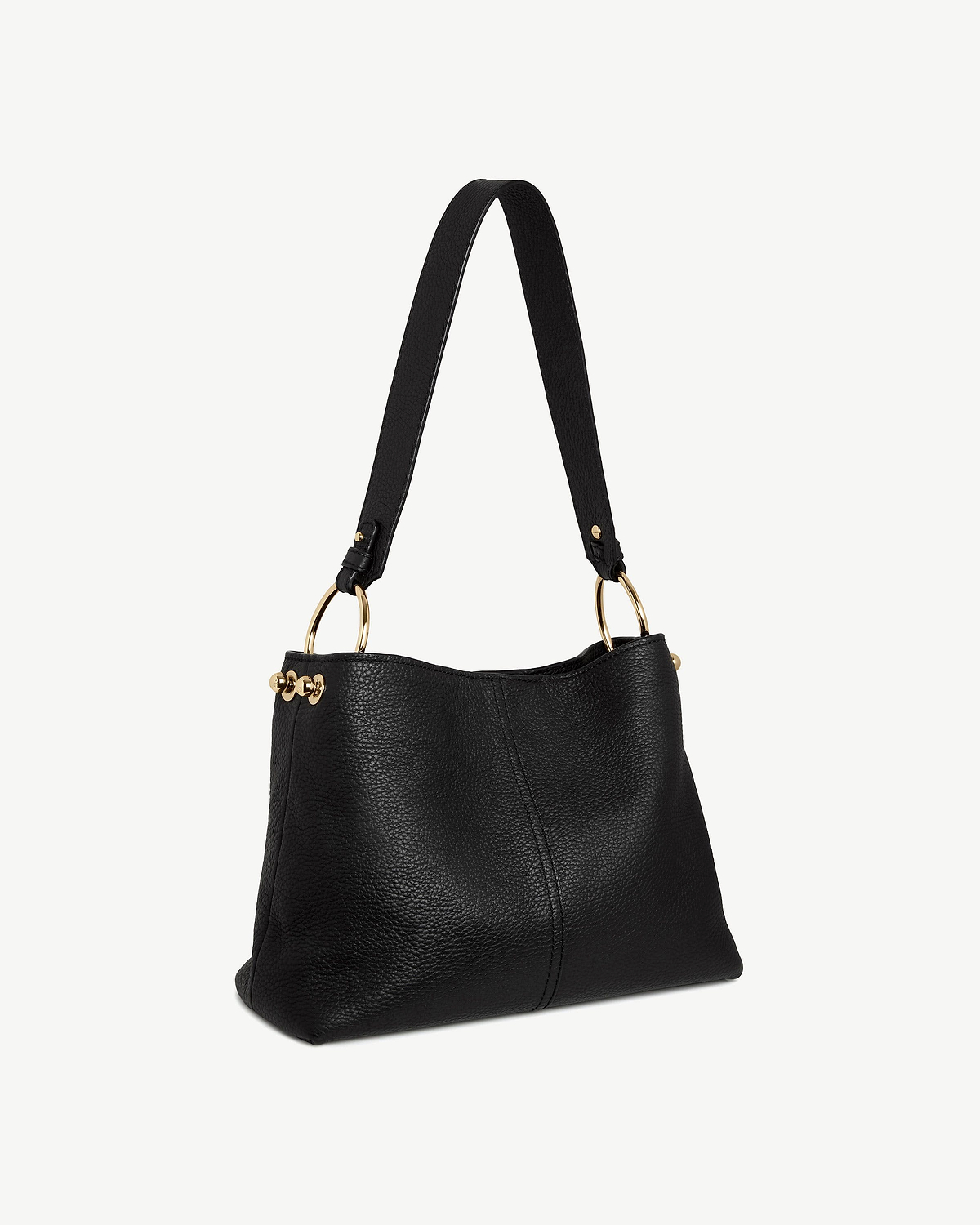 Black hobo bag in pebbled leather with single strap and gold ring hardware.