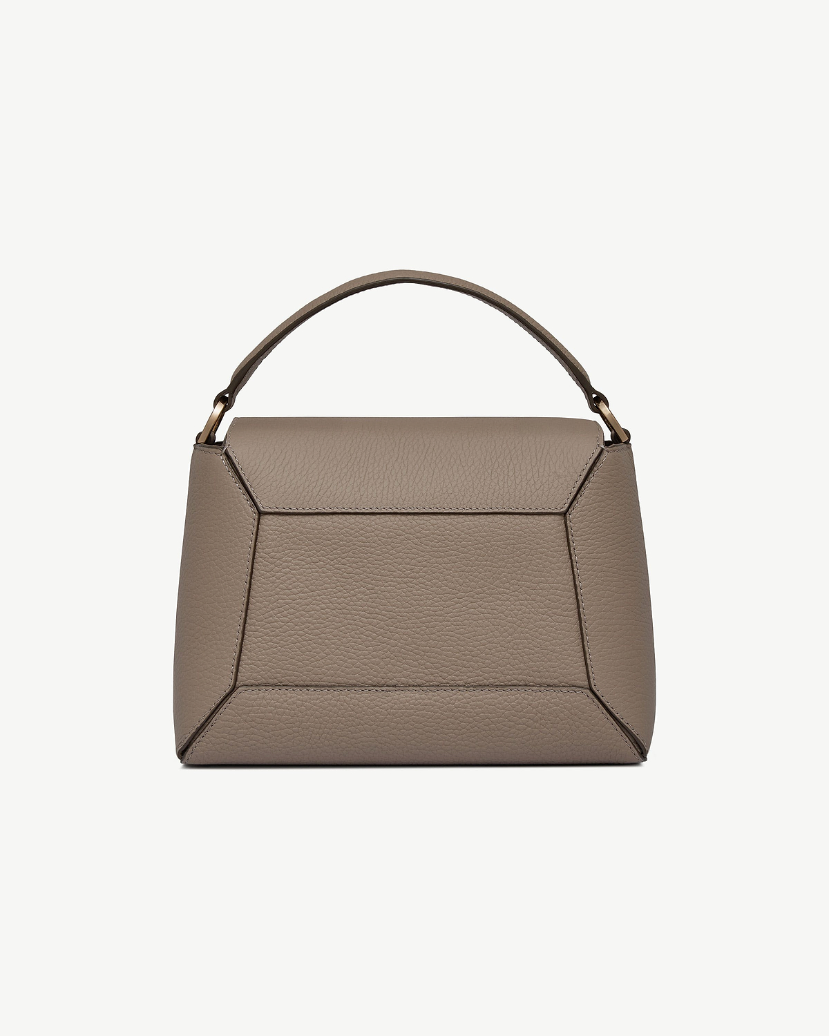 Taupe mosaic bag with single top handle and stitched textured leather panels.