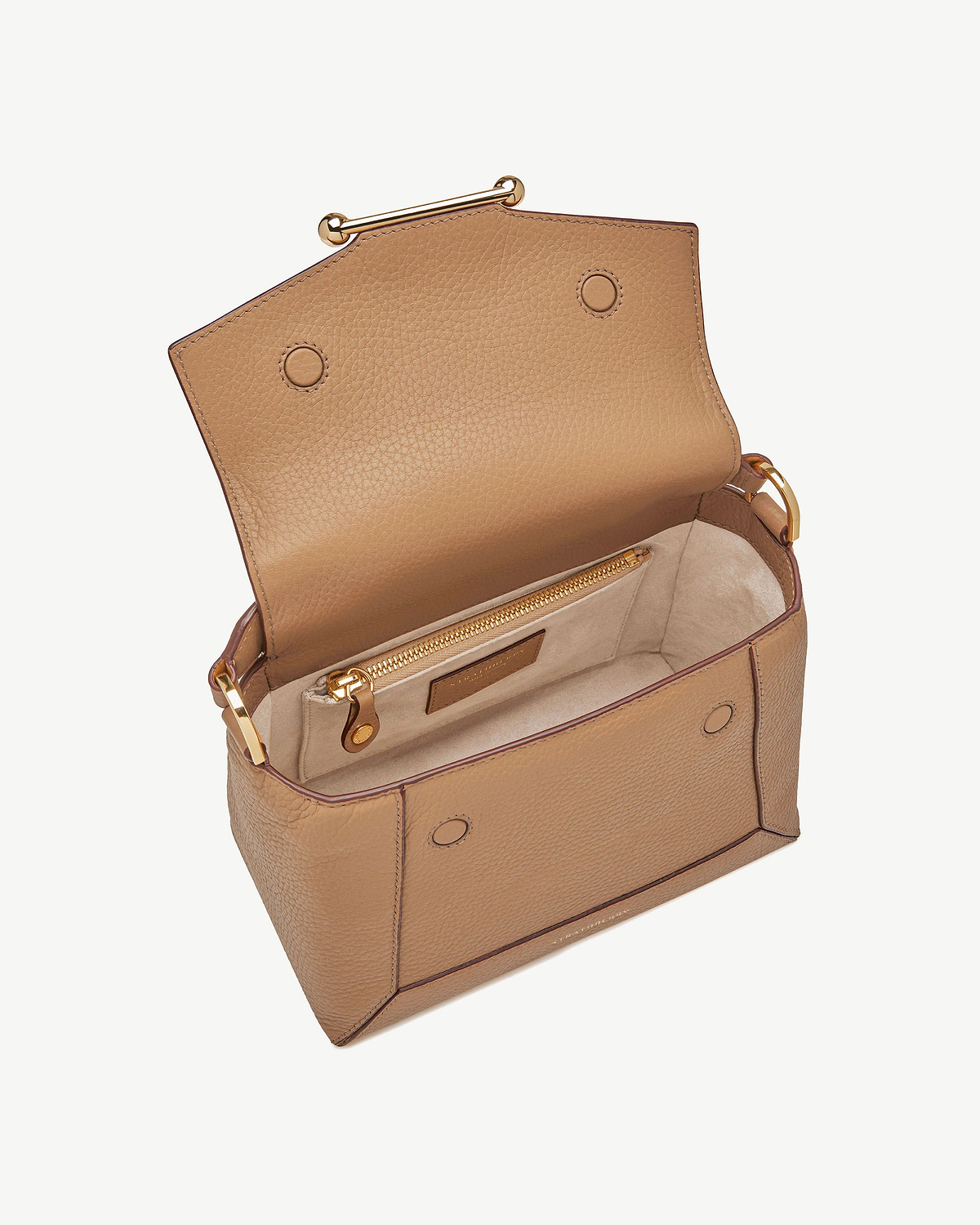 Caramel mosaic bag open, showing suede interior, zip pocket and gold hardware.