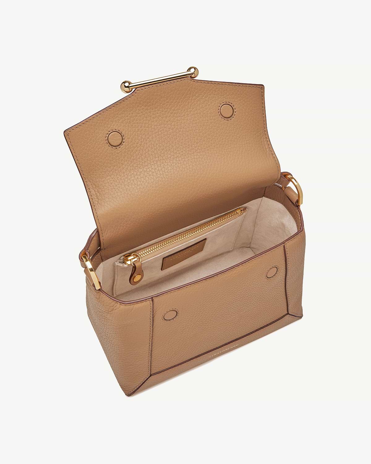 Caramel mosaic bag open, showing suede interior, zip pocket and gold hardware.