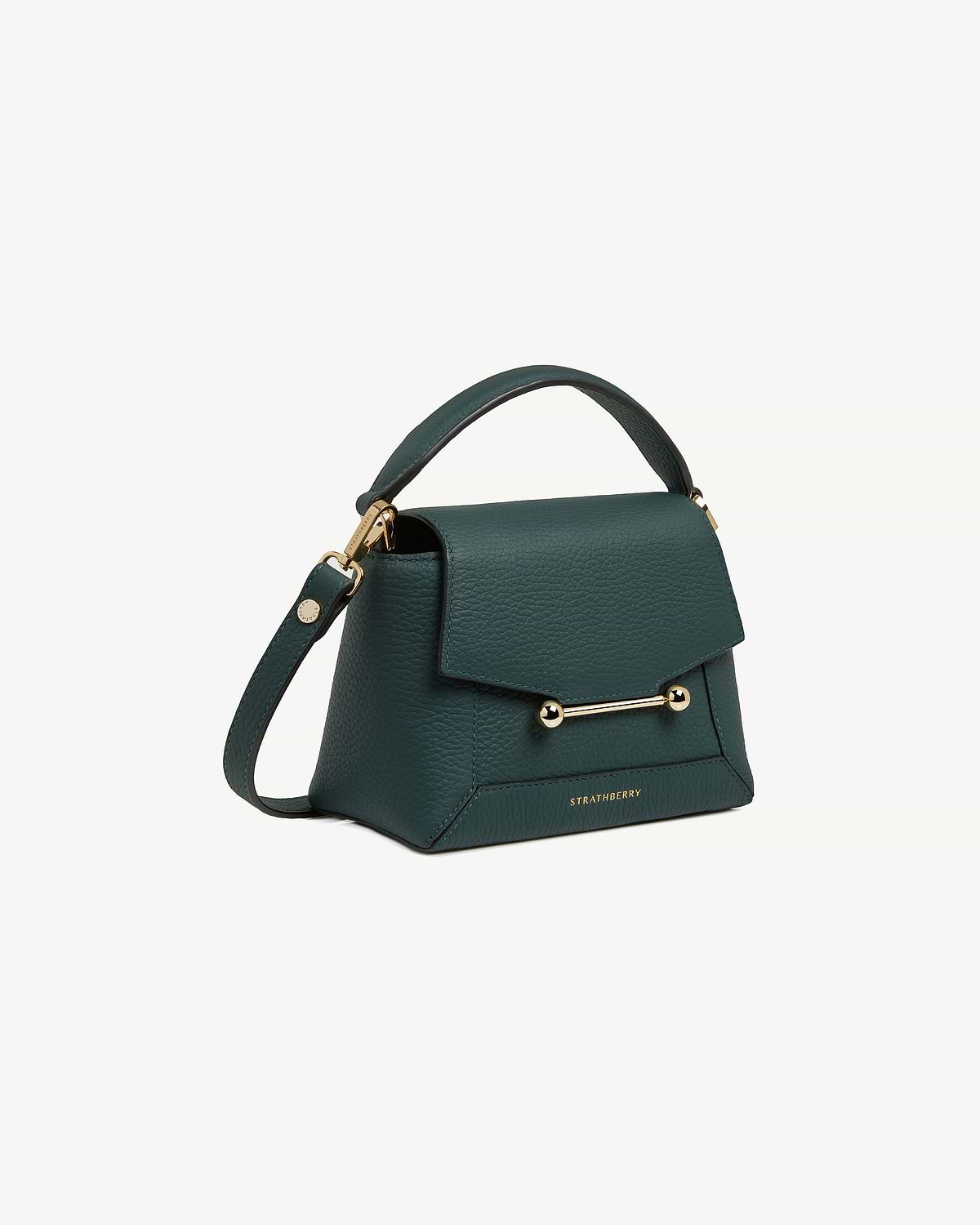 Bottle green Strathberry Mosaic Nano bag with top handle and gold bar clasp