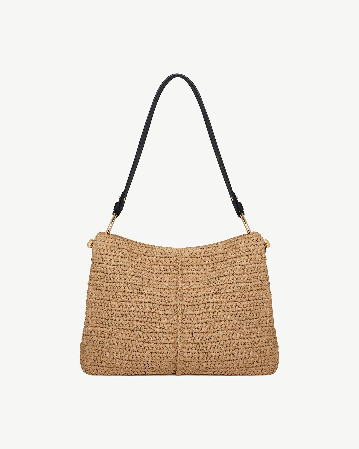 Raffia hobo bag with black shoulder strap and gold ring hardware.