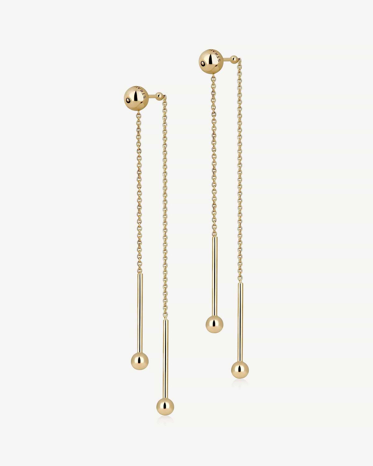 Pair of 22-carat gold gilded double-chain long drop earrings with ball ends