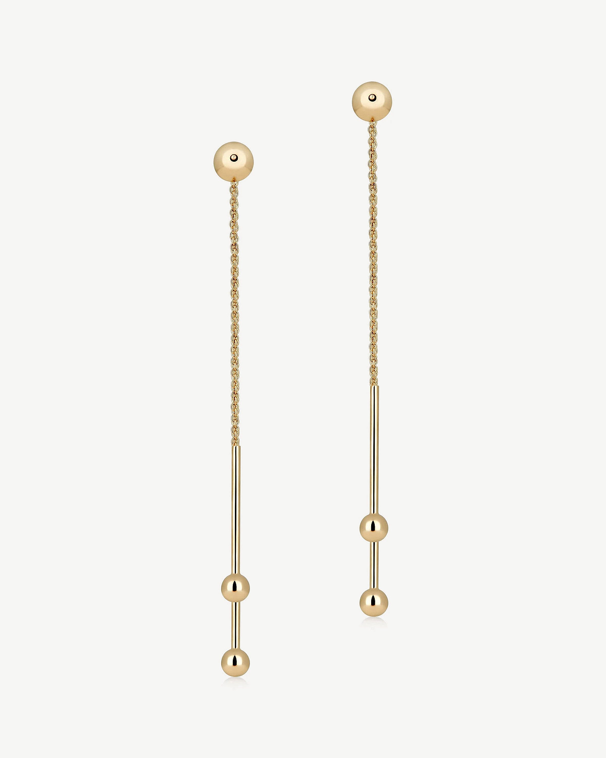 Pair of long chain drop earrings with two spherical beads each, 22 carat gold gilded