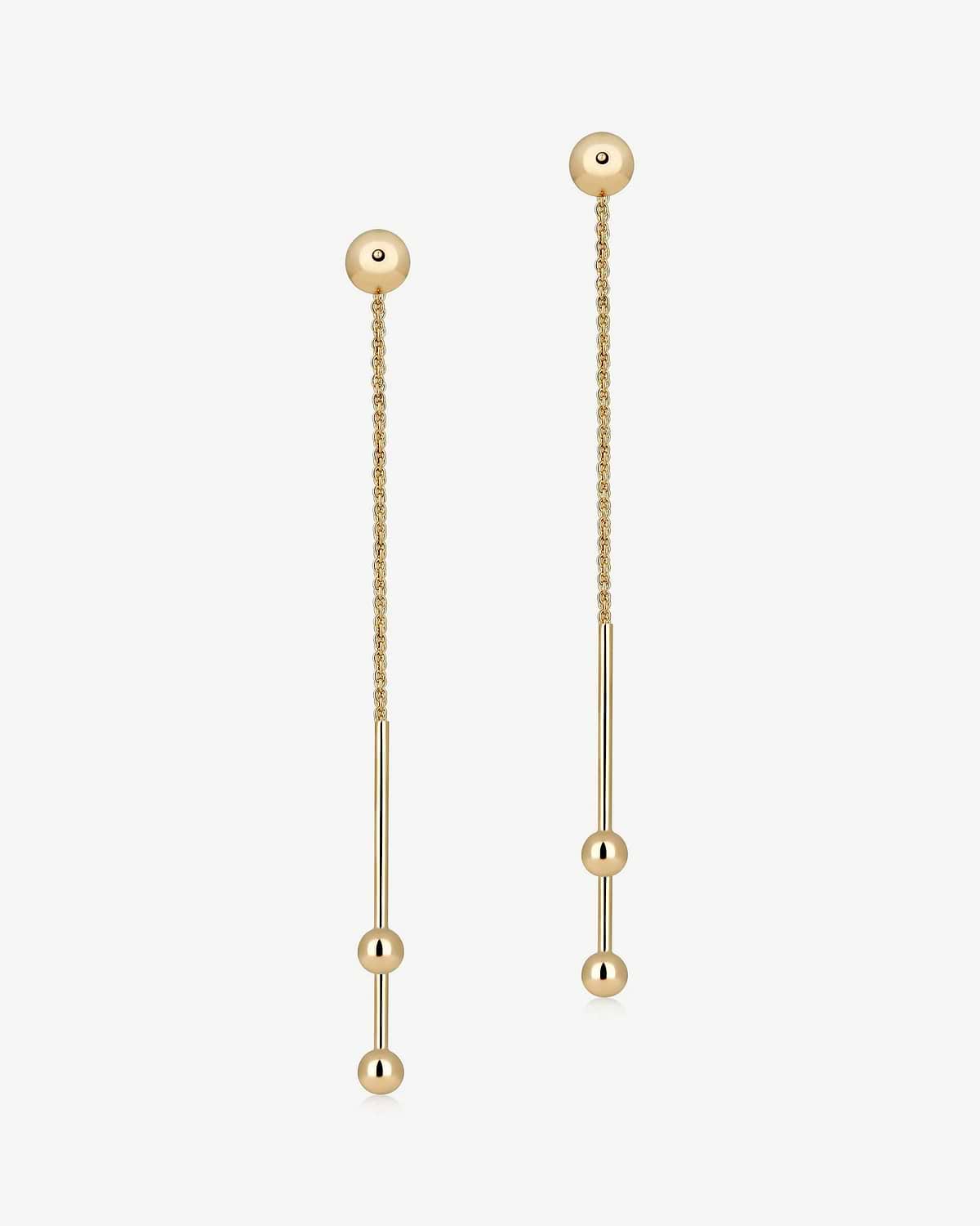 Pair of long chain drop earrings with two spherical beads each, 22 carat gold gilded