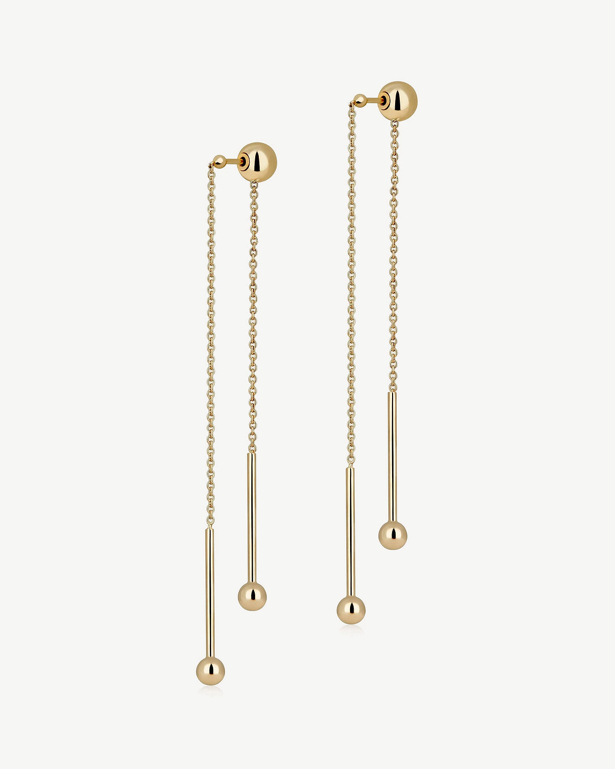 Pair of drop earrings with 22 carat gold gilding, chain, bar and ball ends.