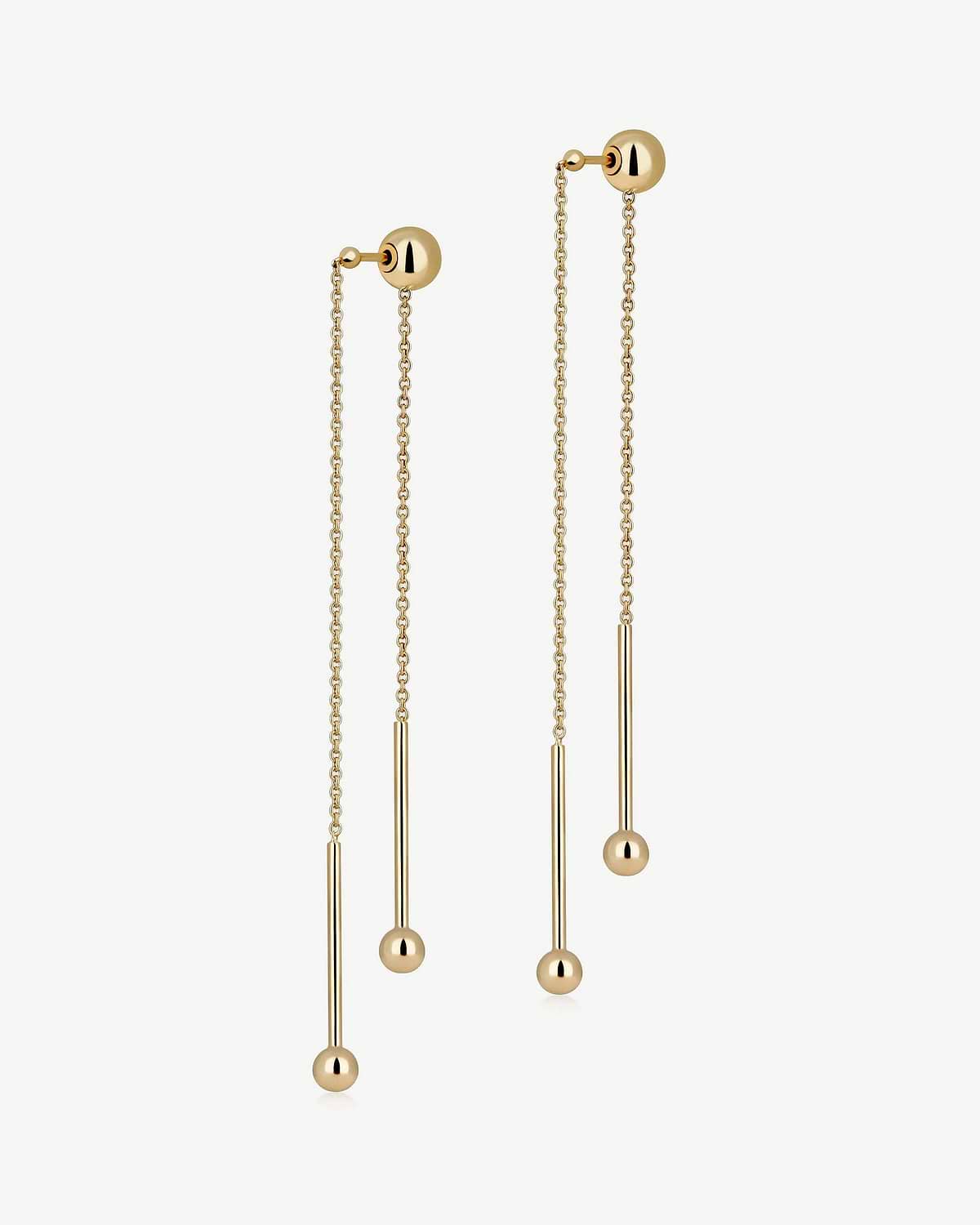 Pair of drop earrings with 22 carat gold gilding, chain, bar and ball ends.