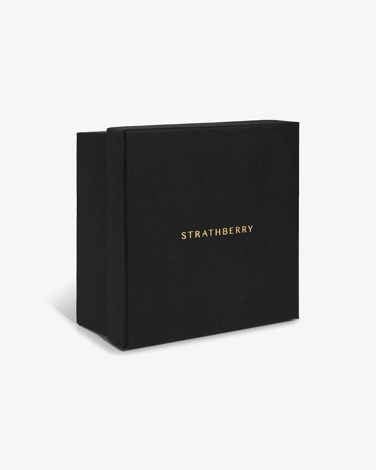 Black Strathberry jewellery box with gold logo on a white background.