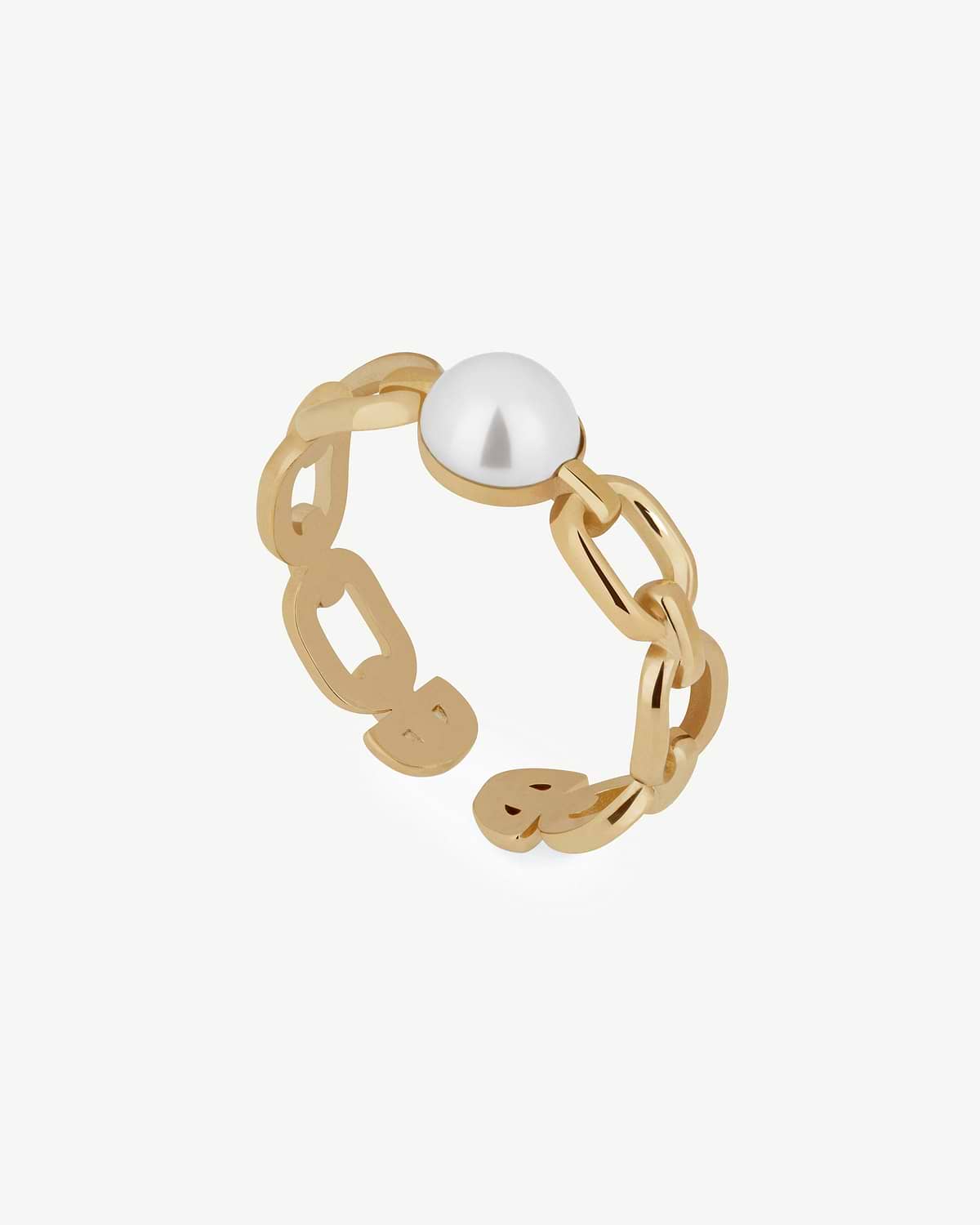 22 carat gold gilded chain-link ring with a single round white pearl, open band.