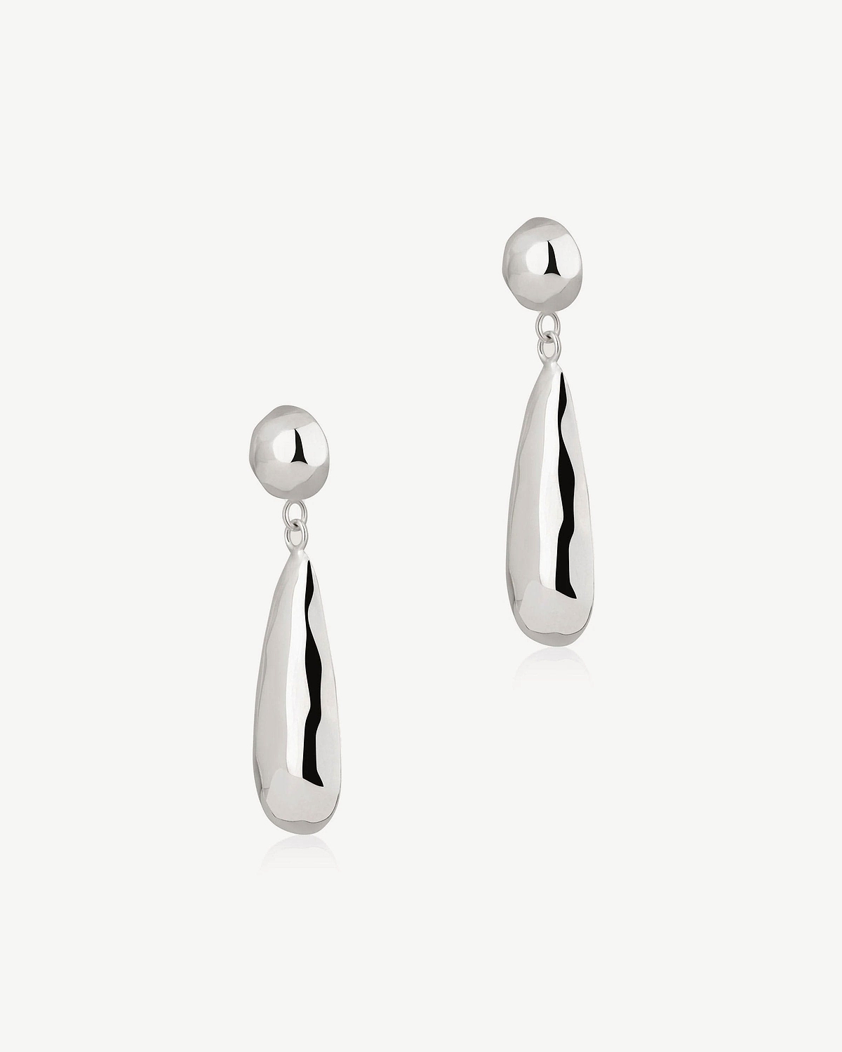 Pair of sterling silver drop Jasmine earrings with polished teardrop dangles.