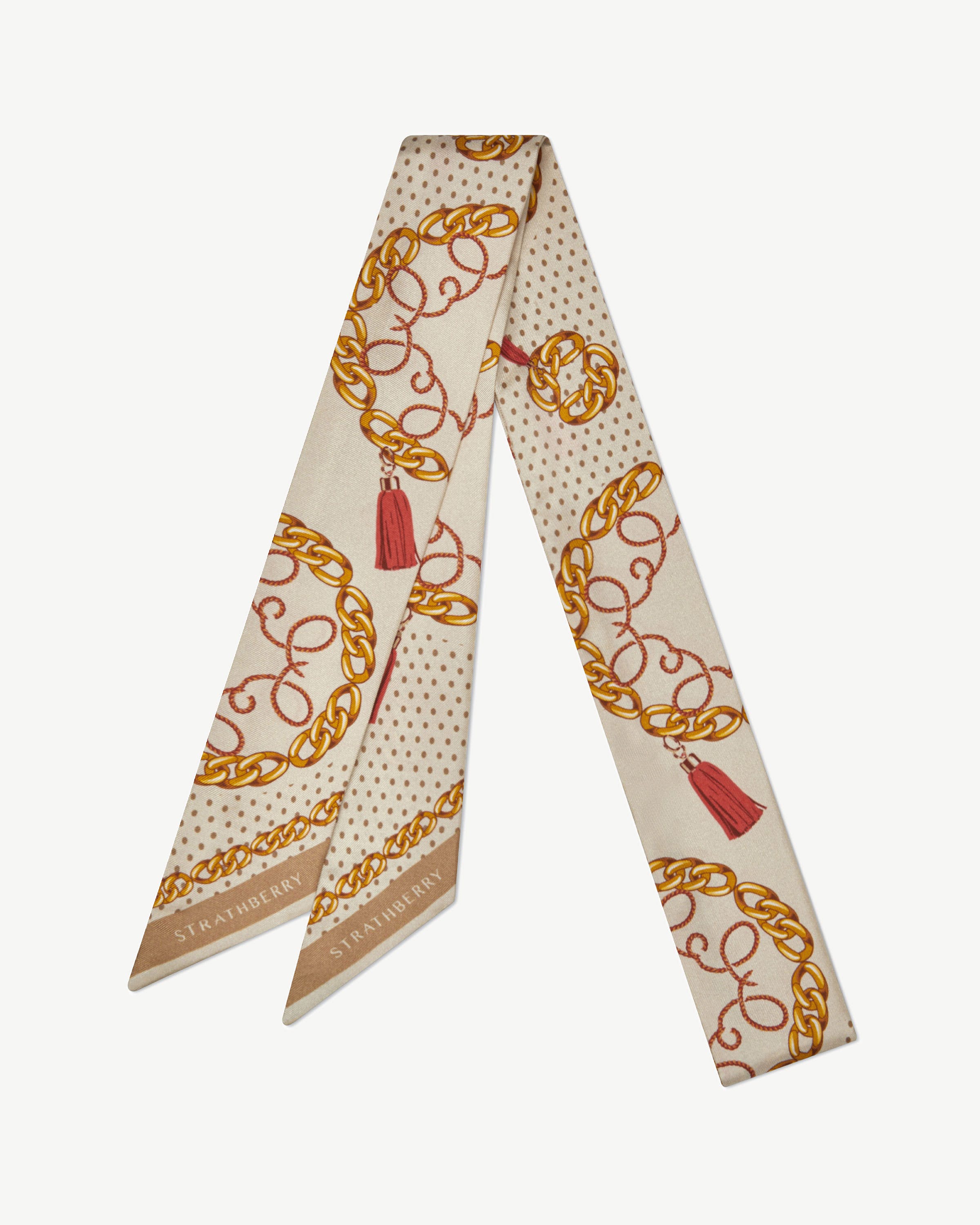 Caramel silk skinny scarf with diamond chain print and Strathberry logo.