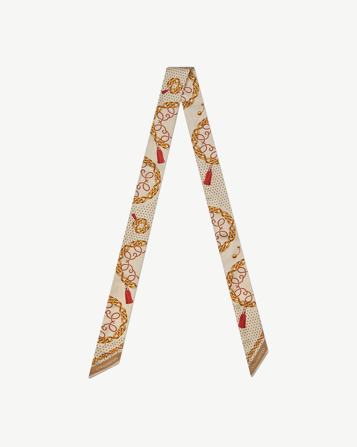 Strathberry long silk skinny scarf in caramel diamond chain print, laid flat