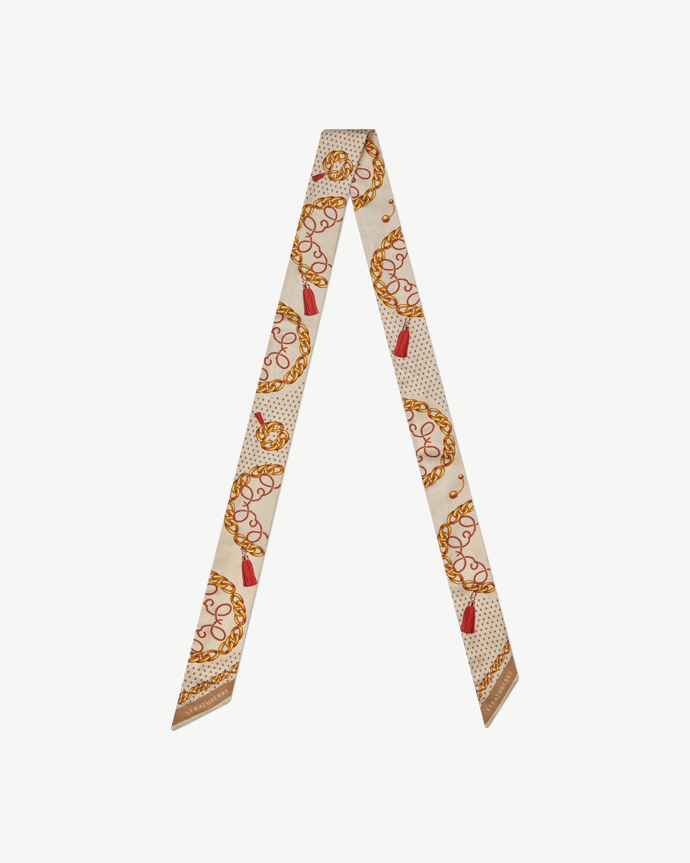 Strathberry long silk skinny scarf in caramel diamond chain print, laid flat