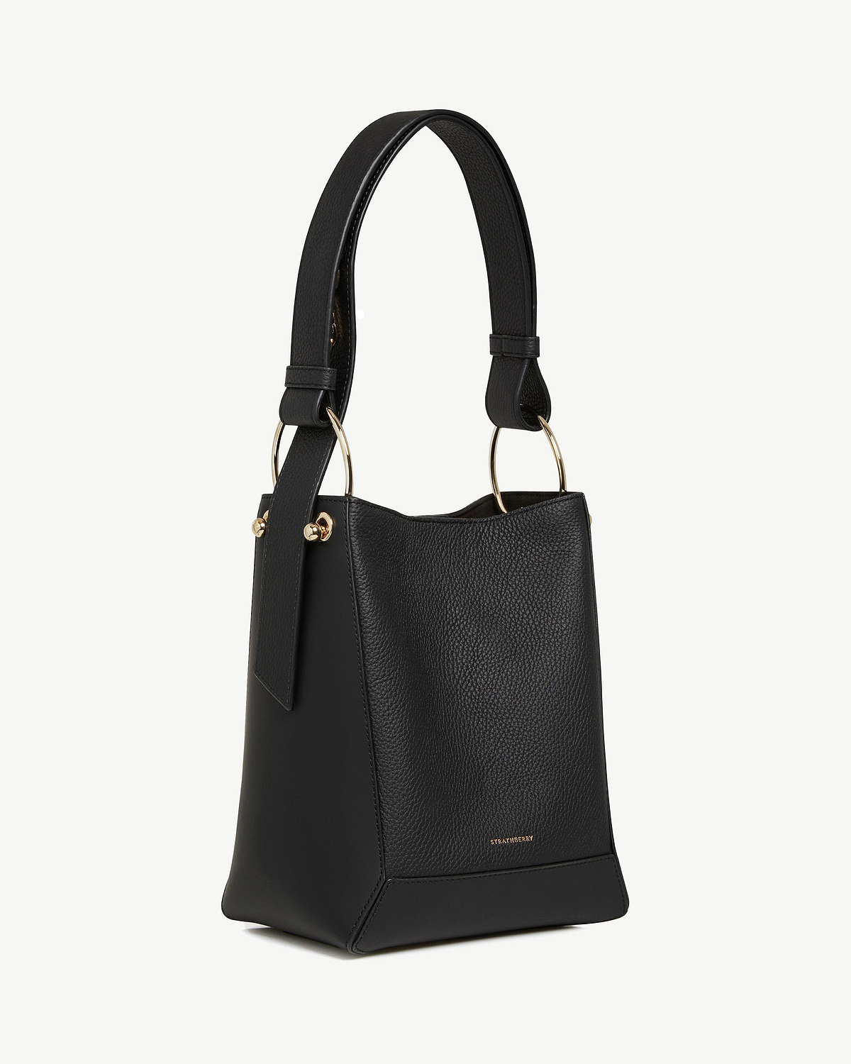Strathberry Lana midi bucket bag in black leather with gold ring handle
