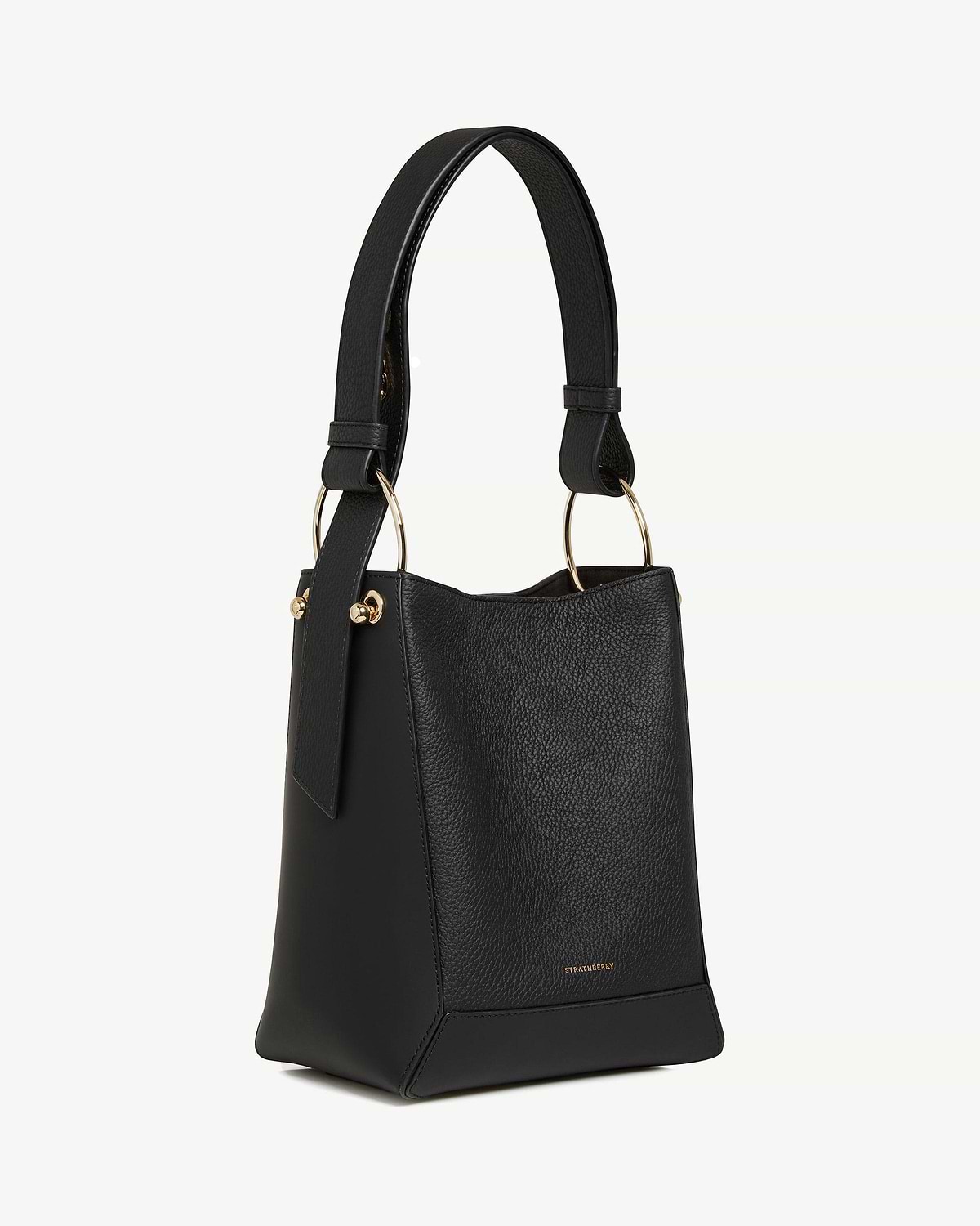 Strathberry Lana midi bucket bag in black leather with gold ring handle