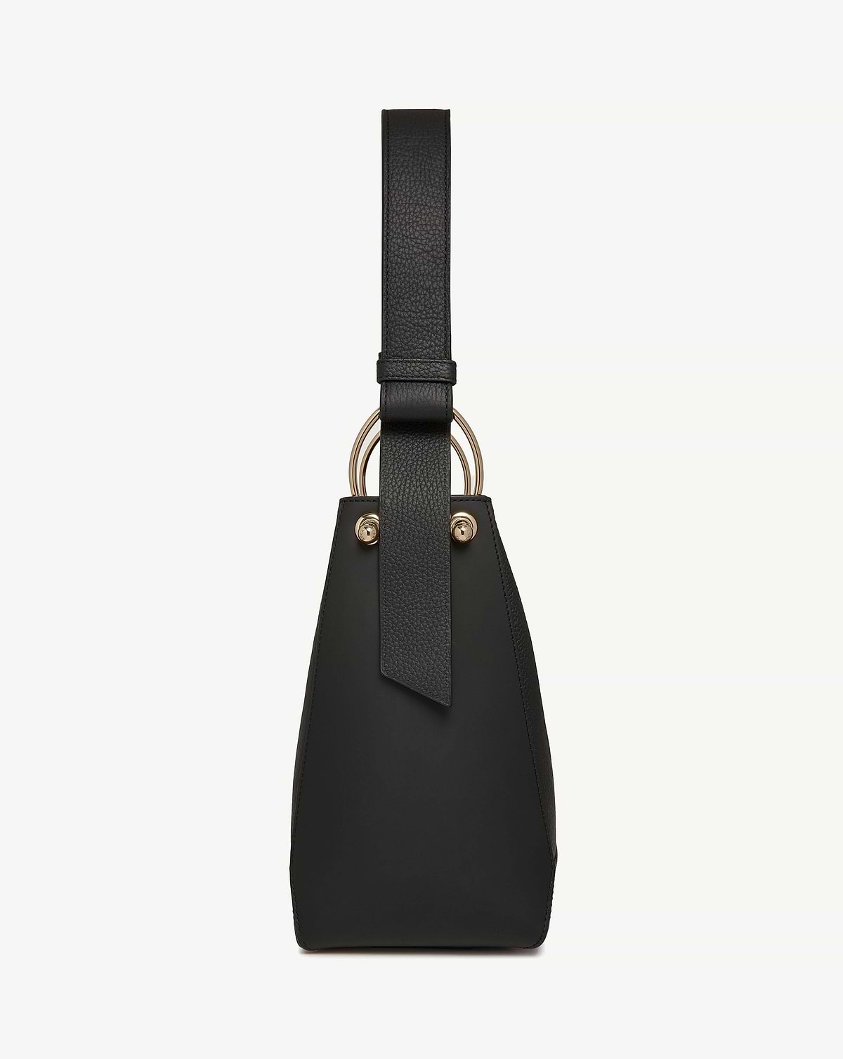 Black leather midi bucket bag with wide shoulder strap and gold ring handles.