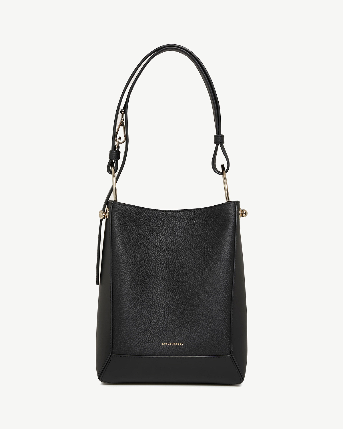 Black leather bucket bag with single shoulder strap, gold hardware, Strathberry logo