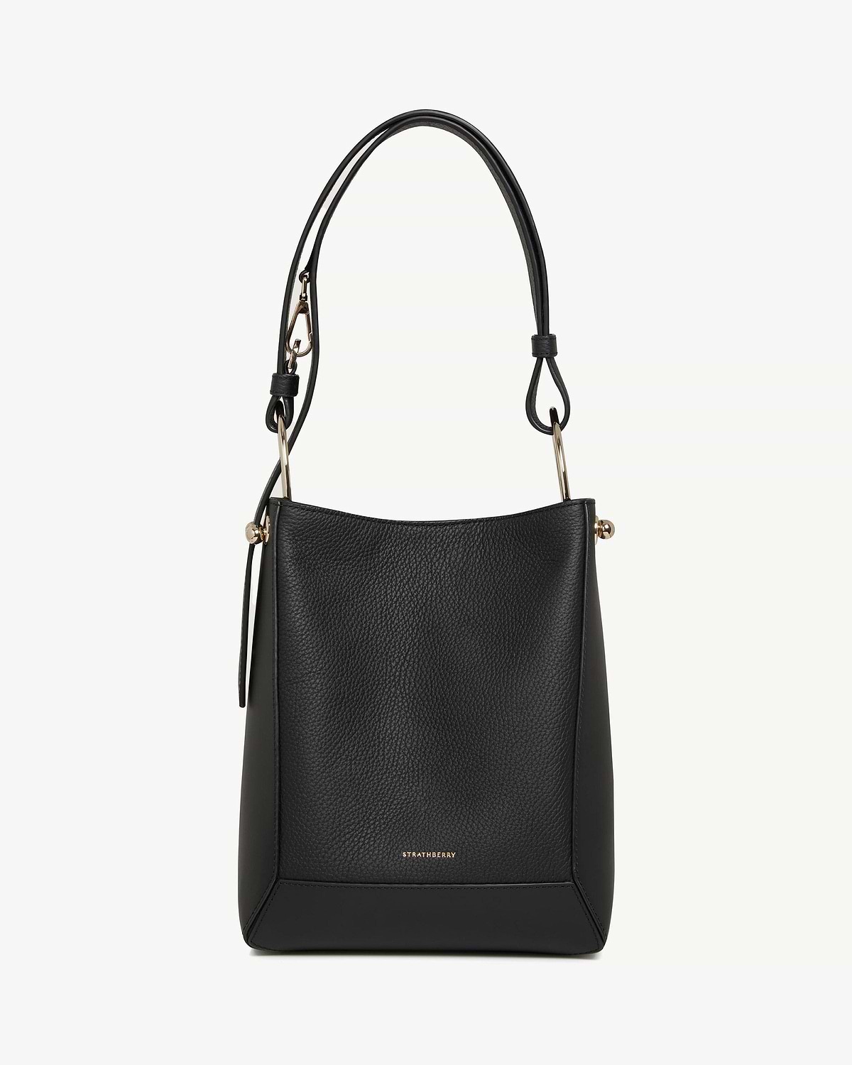 Black leather bucket bag with single shoulder strap, gold hardware, Strathberry logo