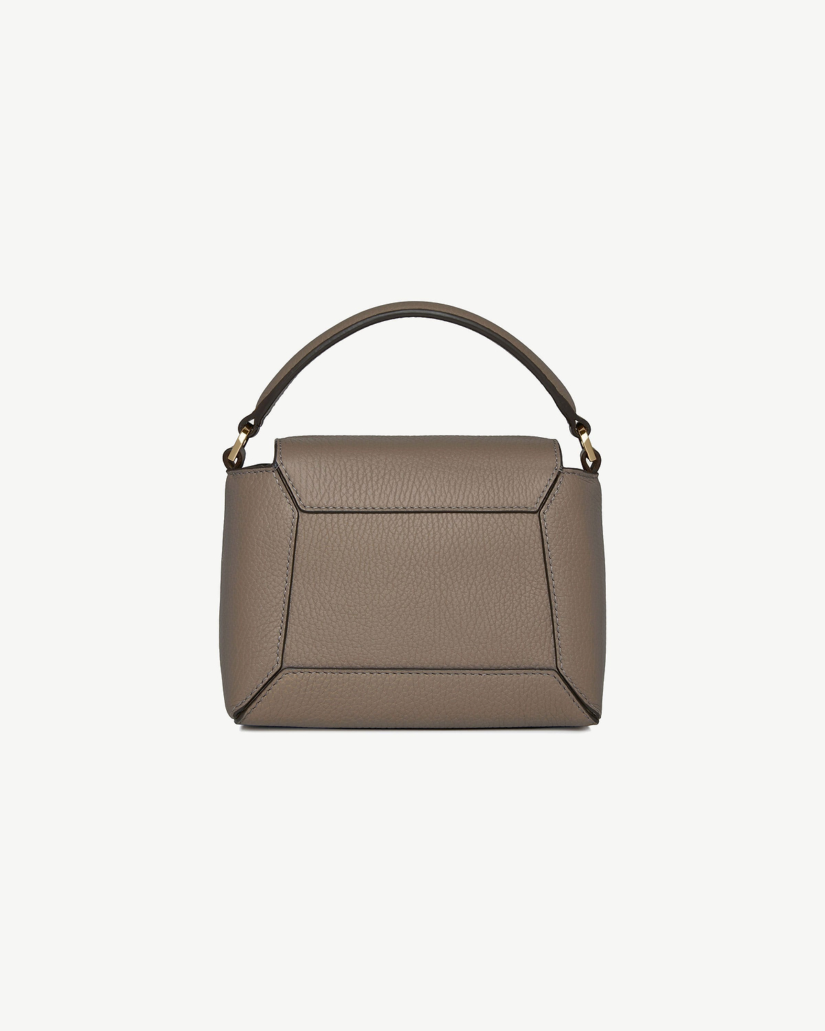 Taupe pebbled leather bag with top handle, front view showing stitched panels.