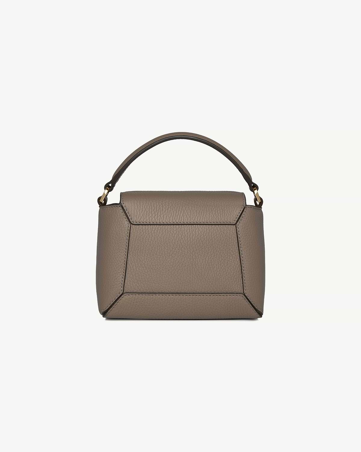 Taupe pebbled leather bag with top handle, front view showing stitched panels.