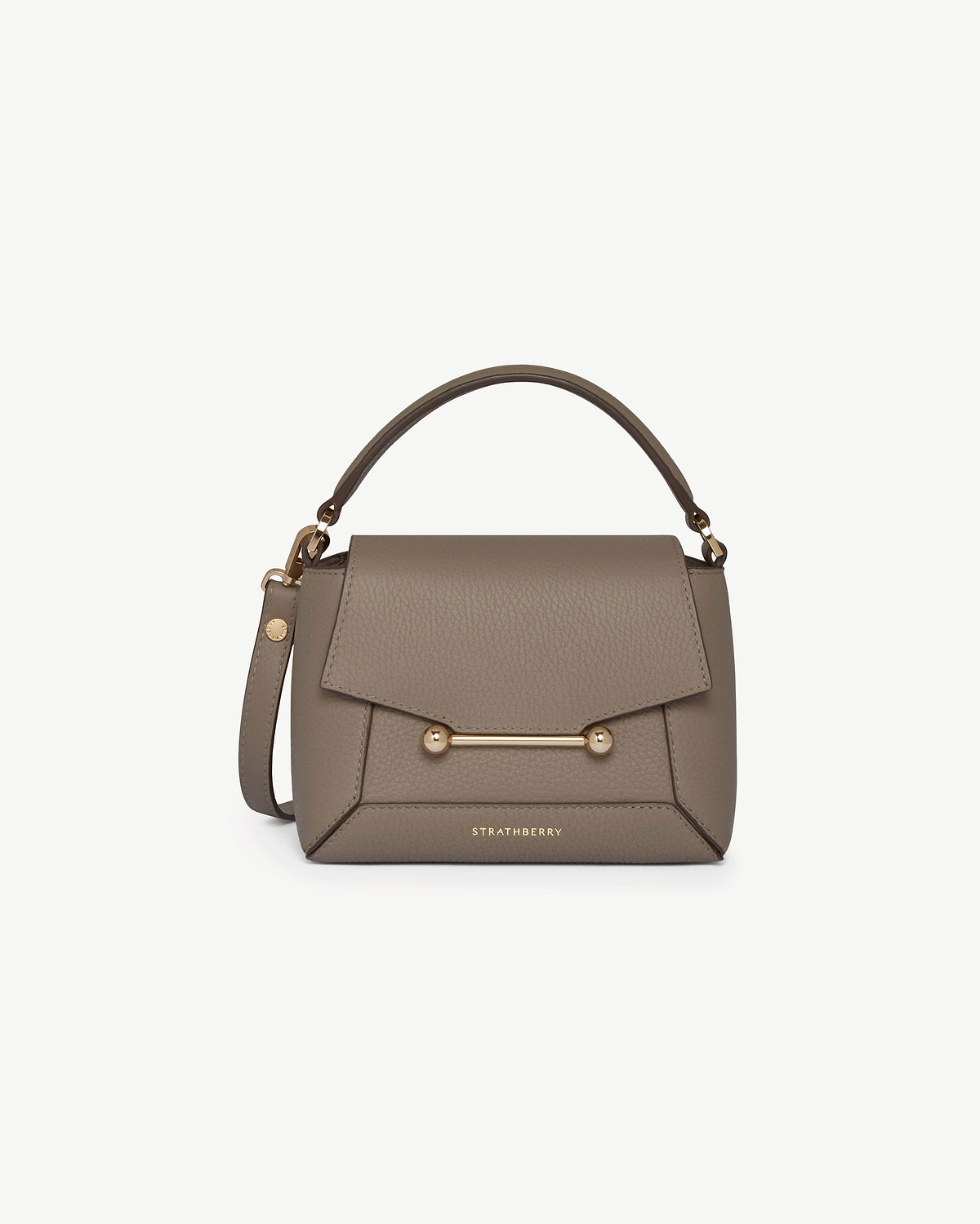 Taupe Strathberry Mosaic Nano bag with top handle, bar clasp and shoulder strap