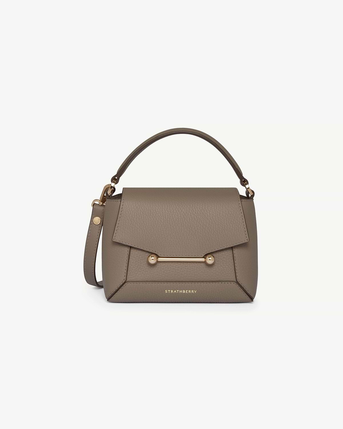 Taupe Strathberry Mosaic Nano bag with top handle, bar clasp and shoulder strap