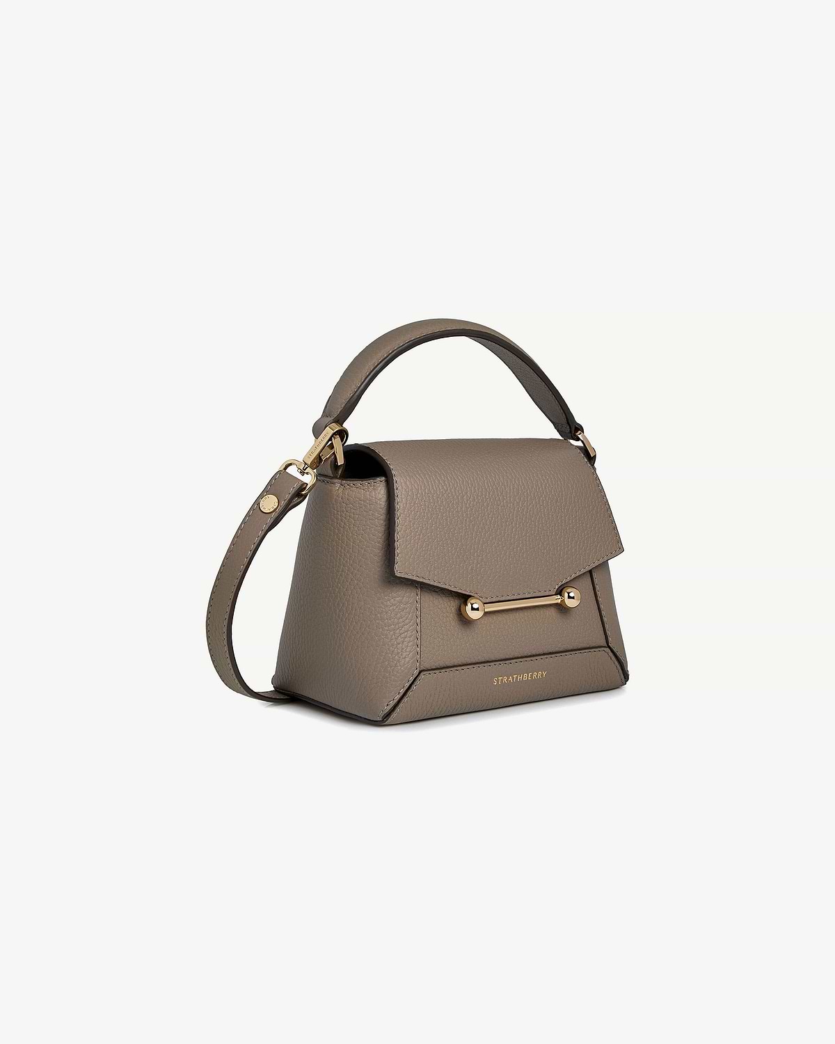 Taupe Mosaic Nano top-handle bag with gold bar hardware and Strathberry logo.