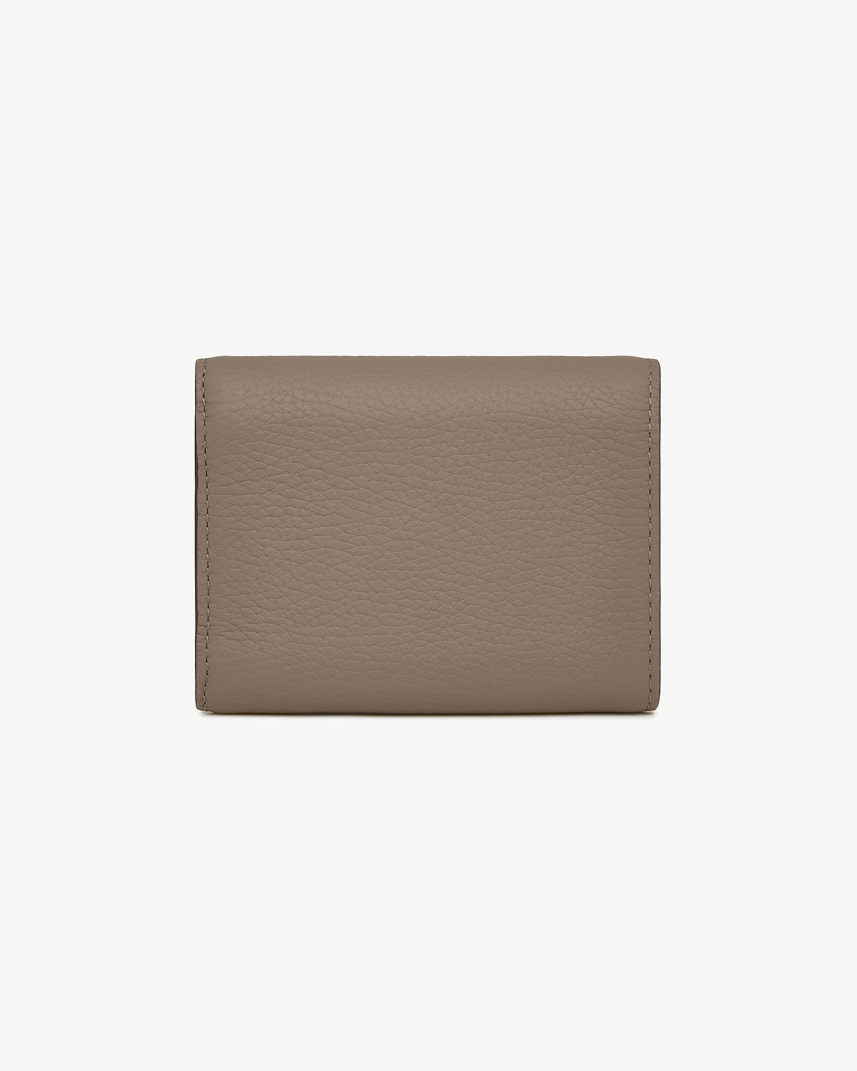 Closed taupe mosaic trifold wallet in pebbled leather with edge stitching.