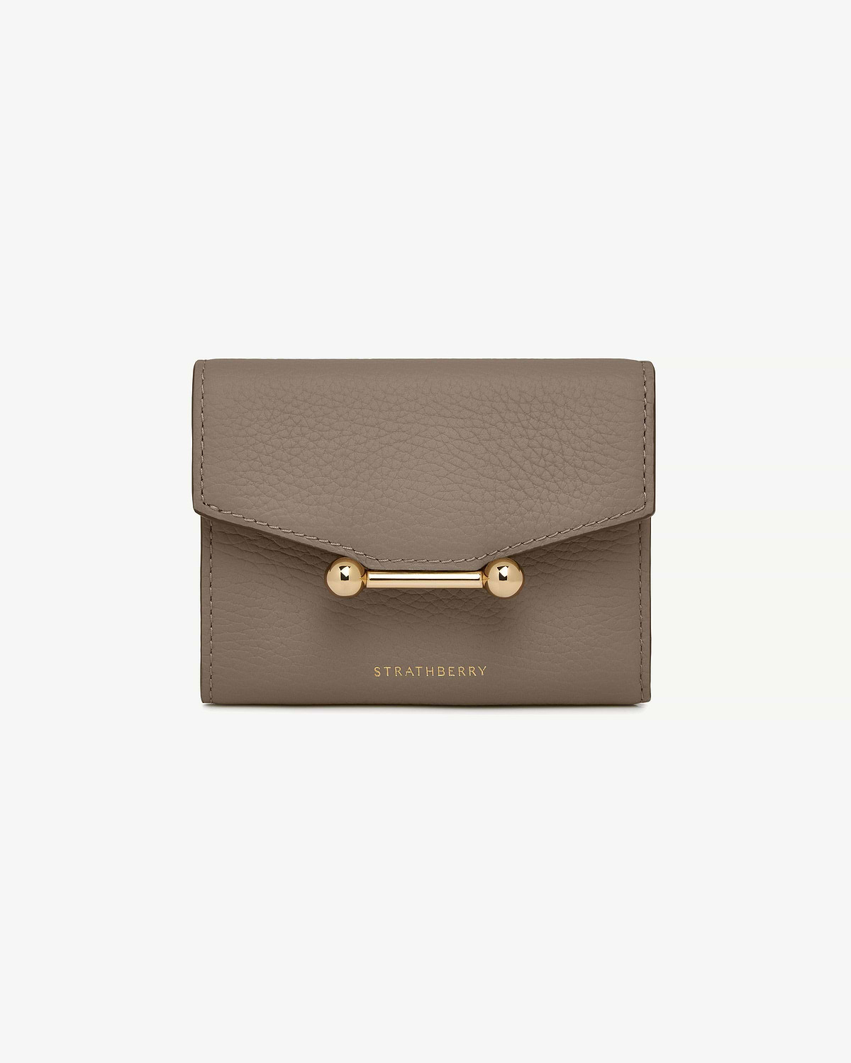 Strathberry taupe mosaic trifold wallet with gold bar closure, front view